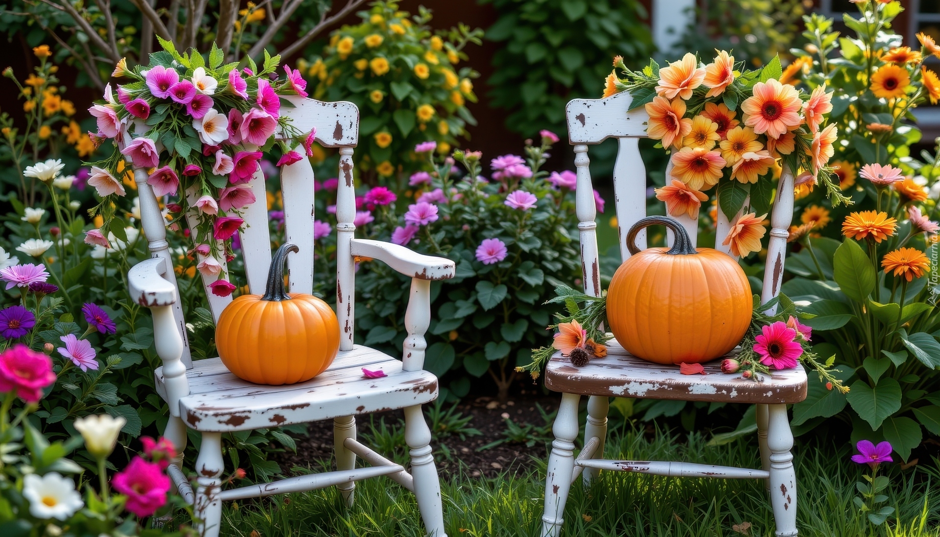 Dwa, Krzesła, Dynie, Kwiaty