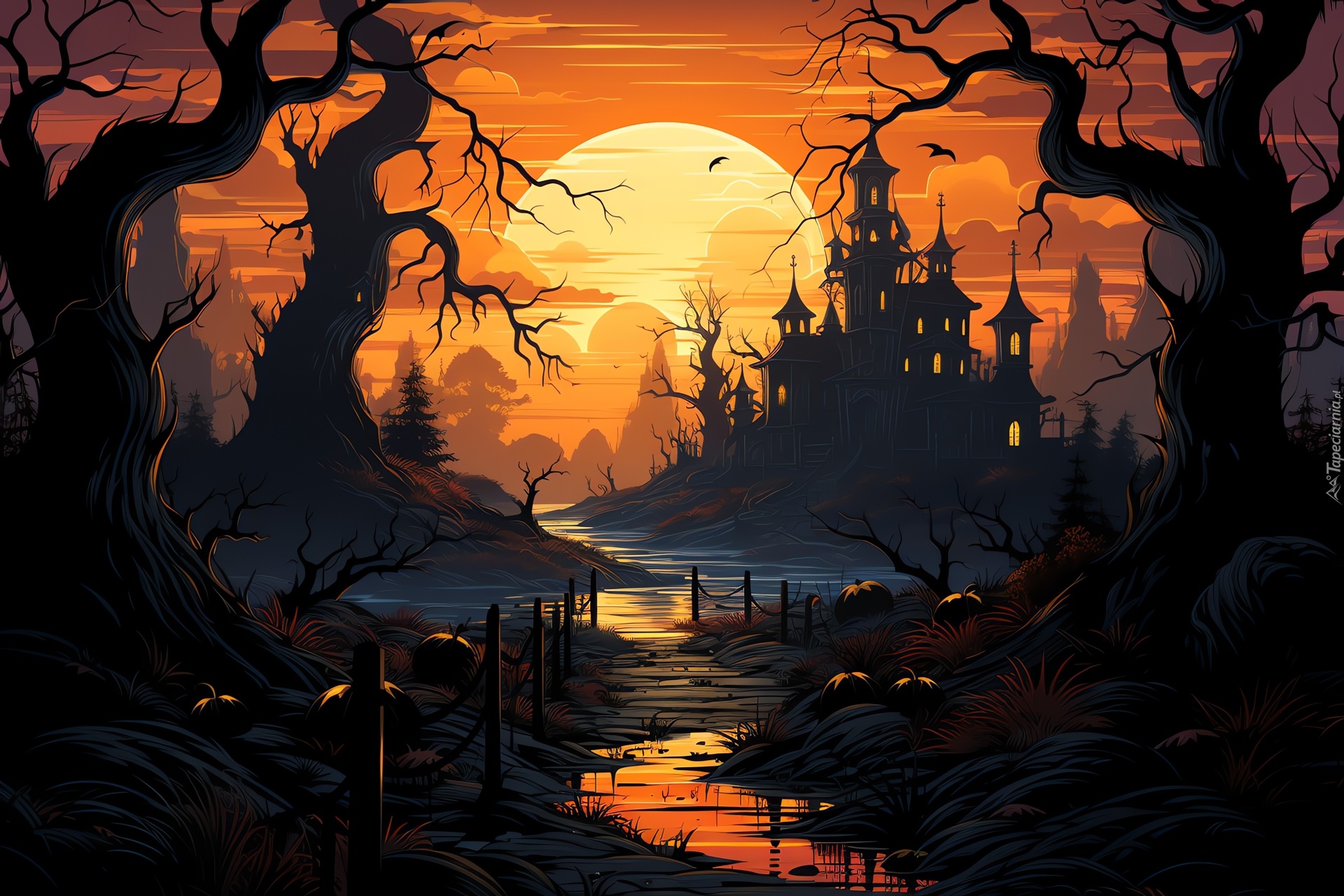 Fantasy, Zamek, Księżyc, Drzewa, Rzeka, Dynie