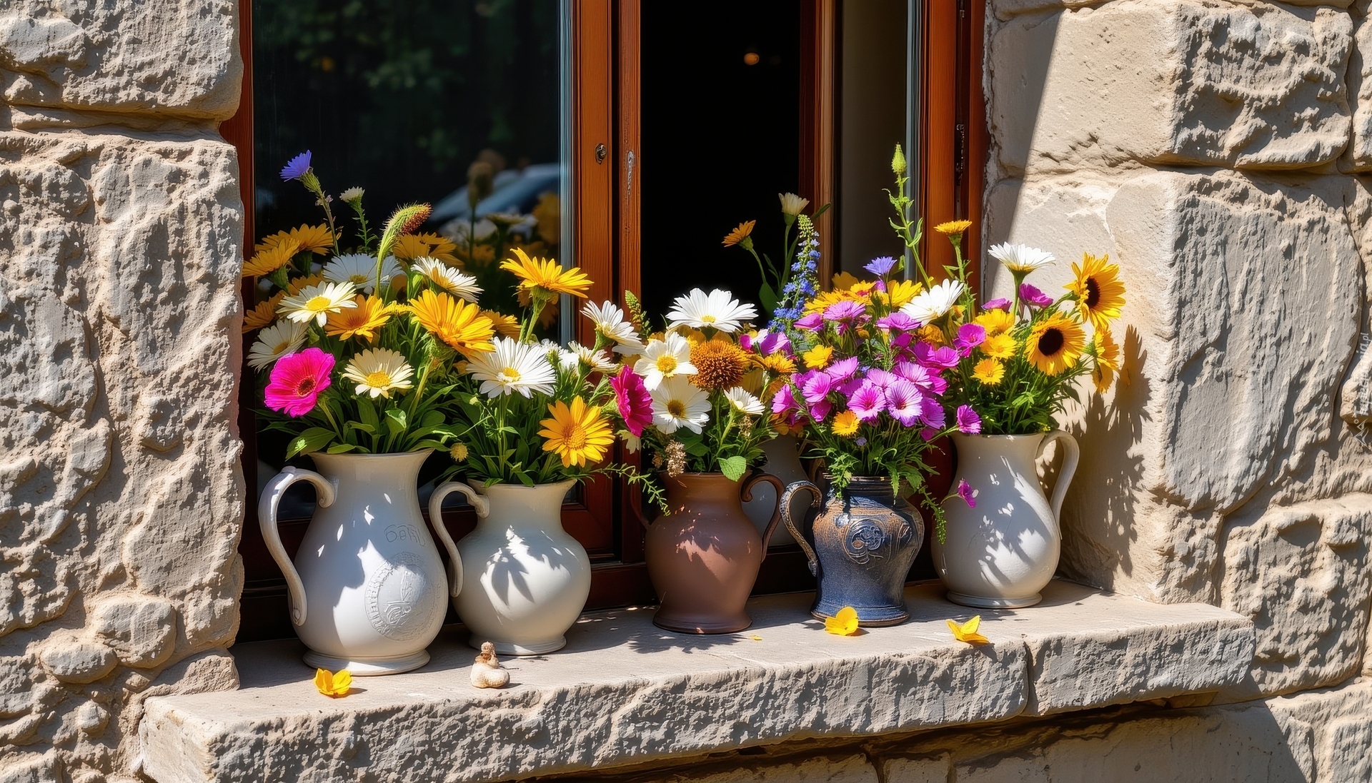 Okno, Parapet, Kolorowe, Kwiaty, Dzbanki