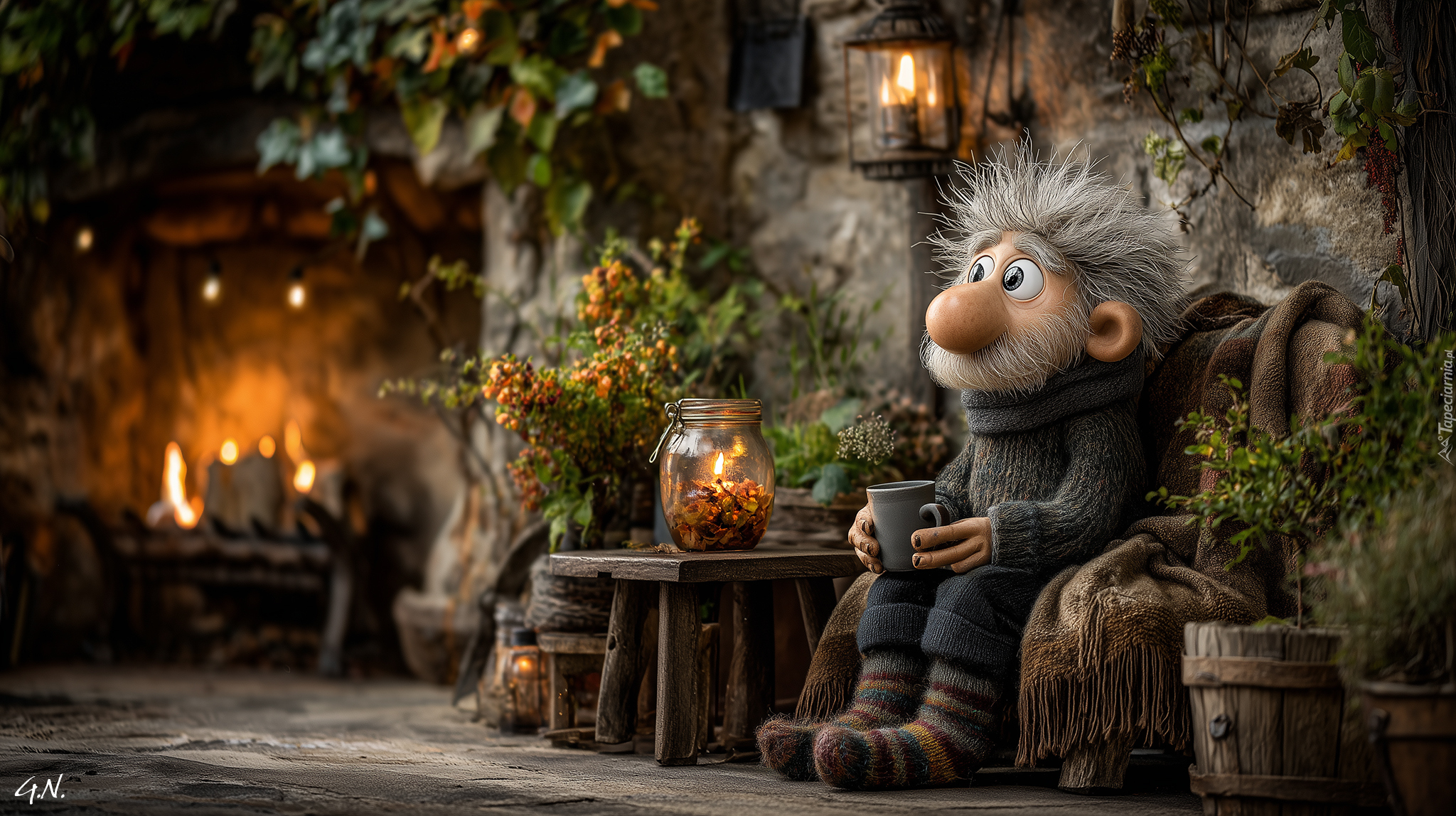 Dziadek, Fotel, Stolik, Świeca, Kubek, Grafika AI