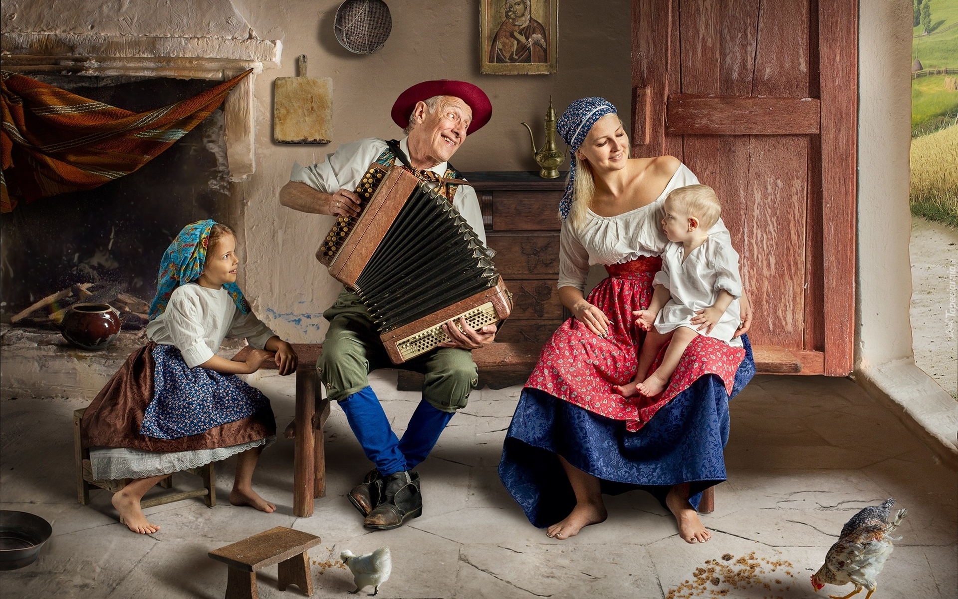 Dziadek z akordeonem i matka z dziećmi w wiejskiej izbie