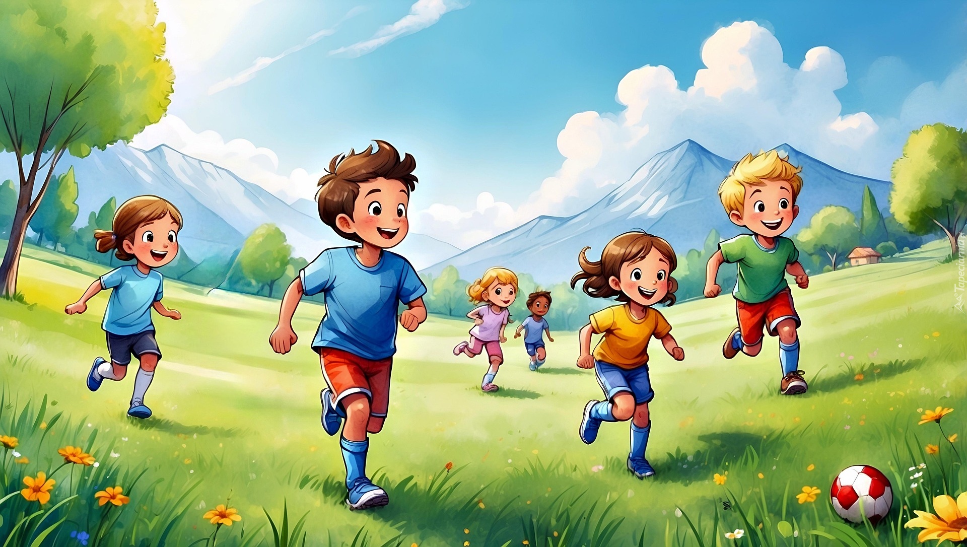 Dzieci, Łąka, Piłka