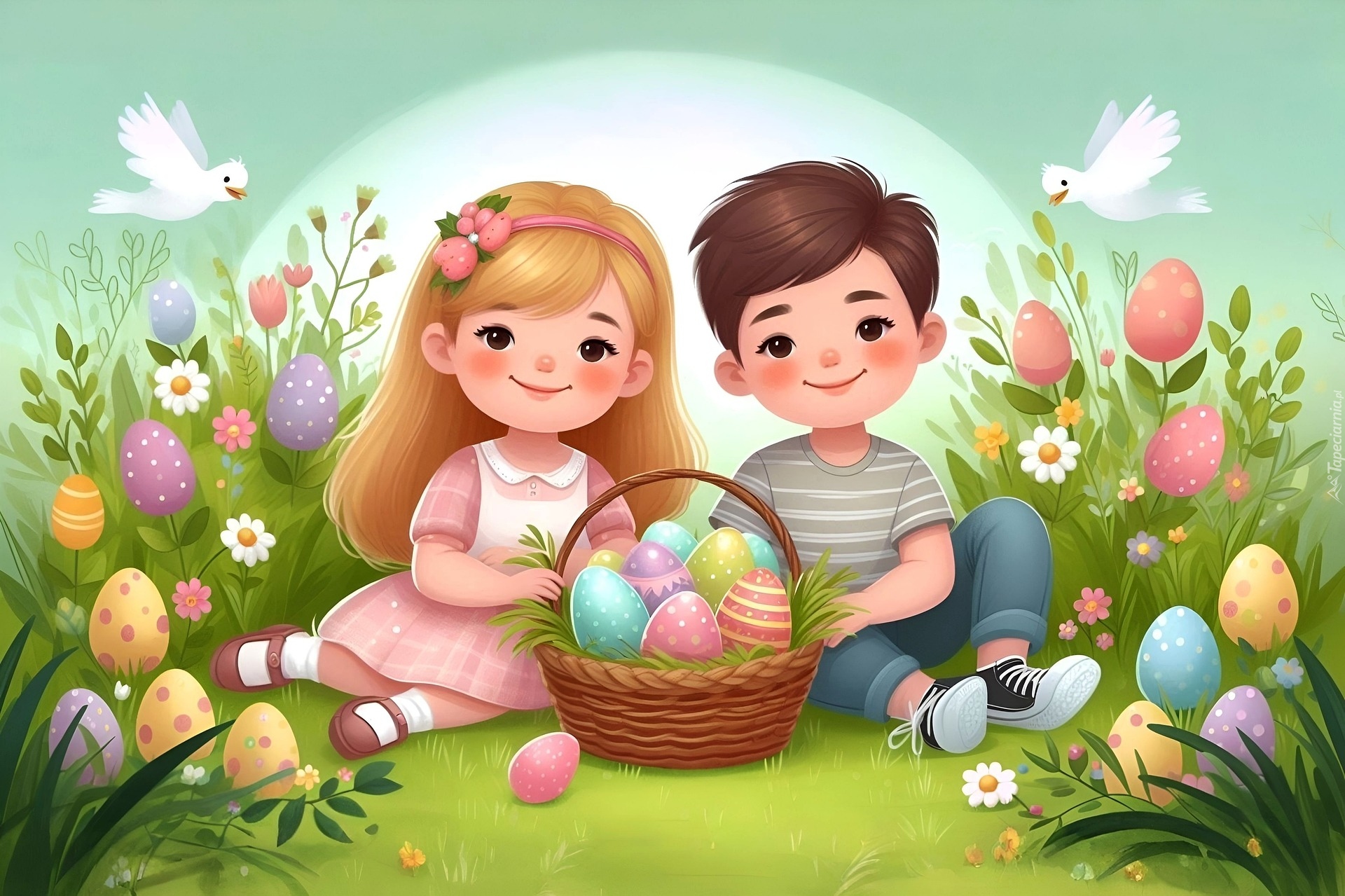 Wielkanoc, Dzieci, Pisanki, Łąka, Koszyk
