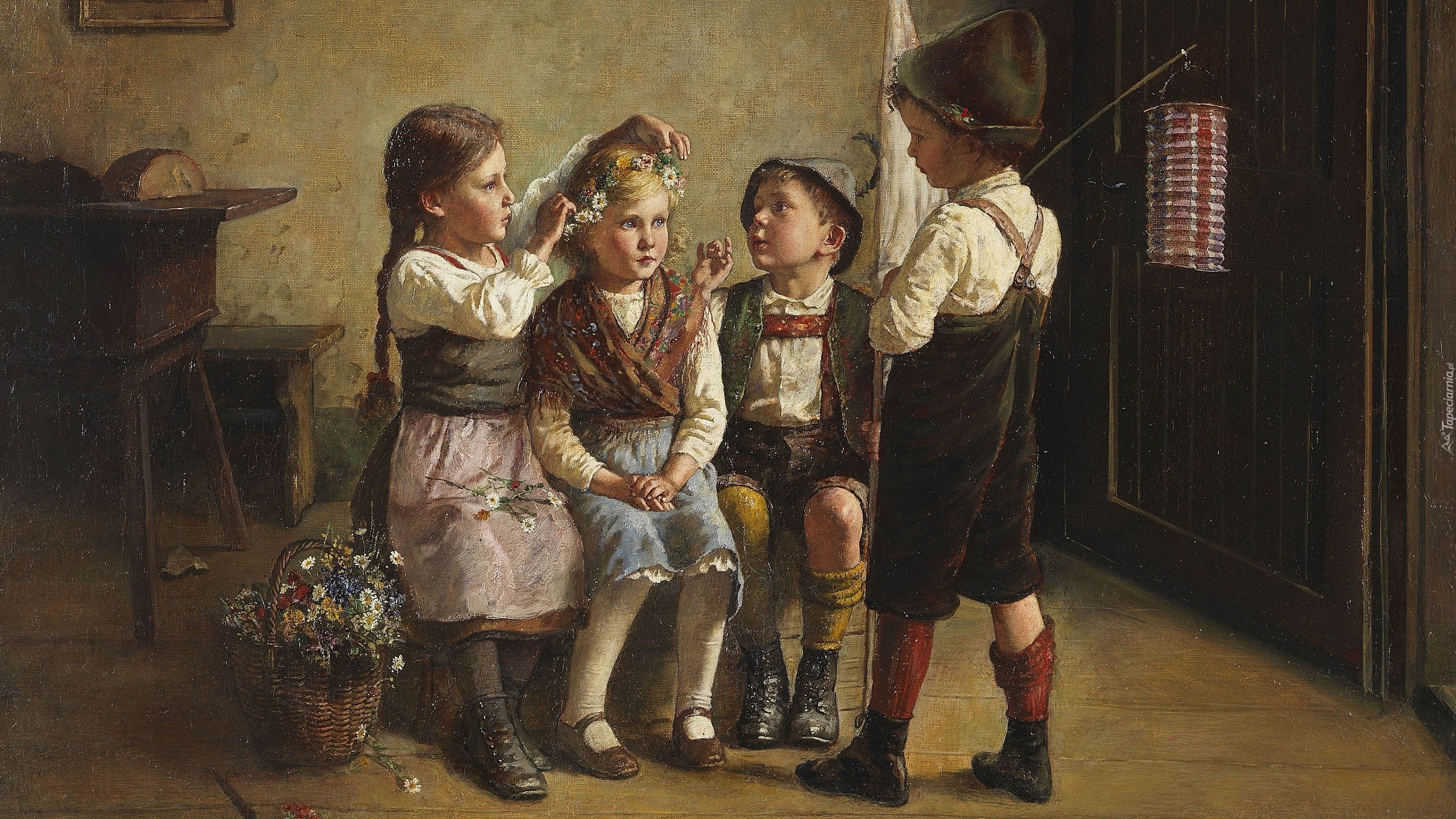 Malarstwo, Obraz, Edmund Adler, Dzieci, Dziewczynki, Chłopcy, Kosz, Kwiaty, Wianek