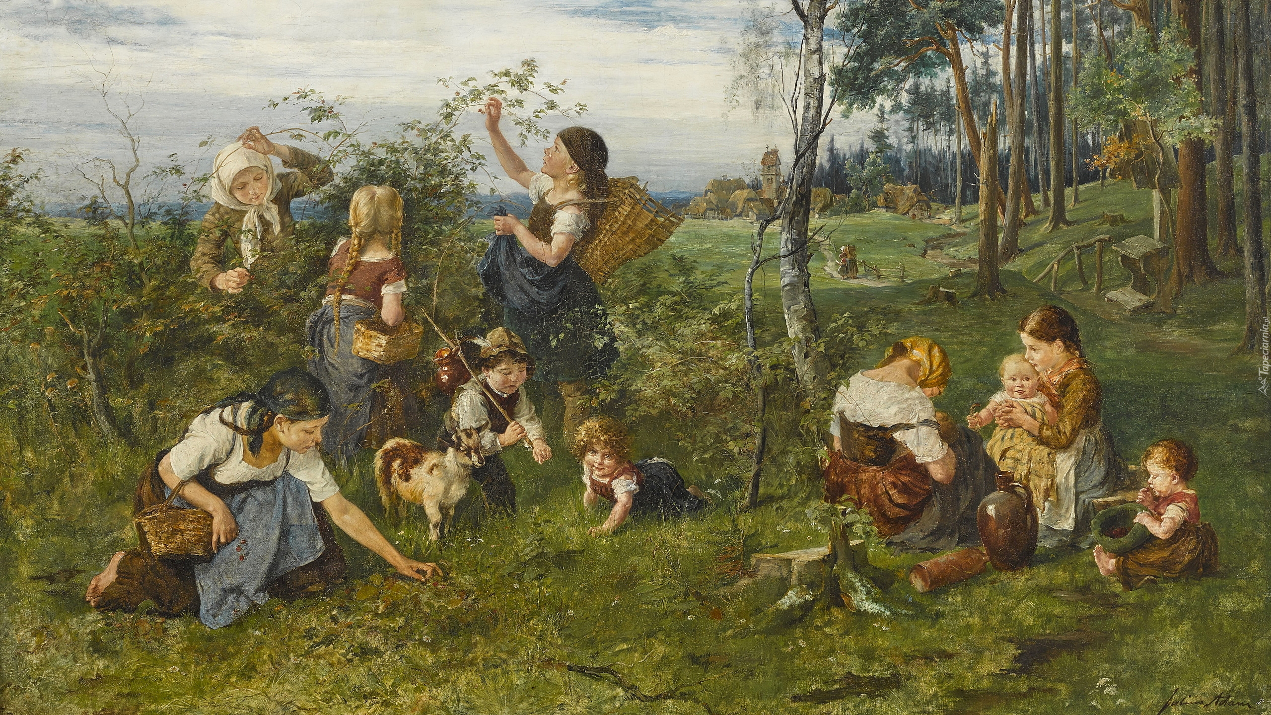 Malarstwo, Obraz, Julius Anton Adam, Domy, Drzewa, Dzieci