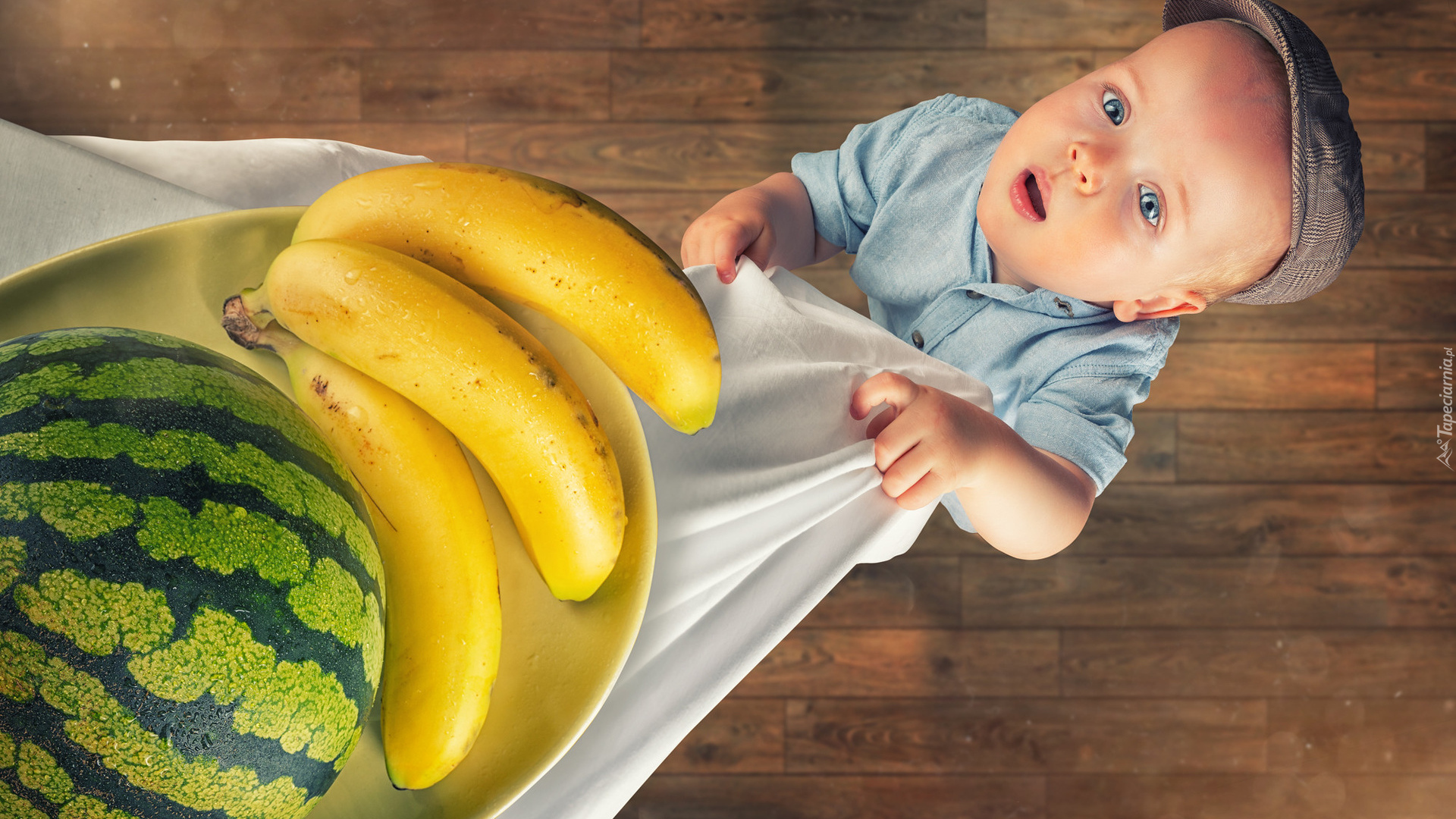 Dziecko, Chłopczyk, Owoce, Arbuz, Banany