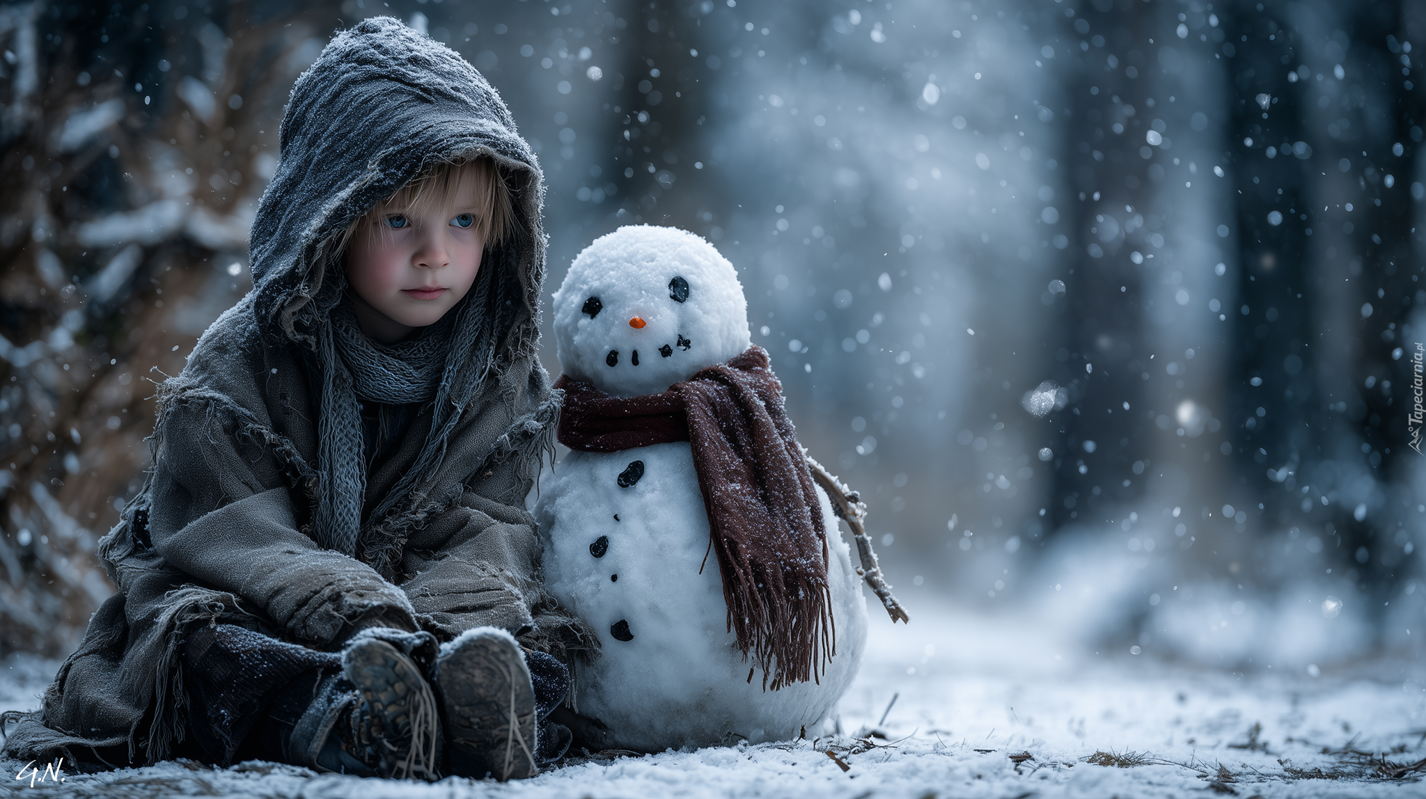 Chłopiec, Bałwanek, Zima, Grafika AI