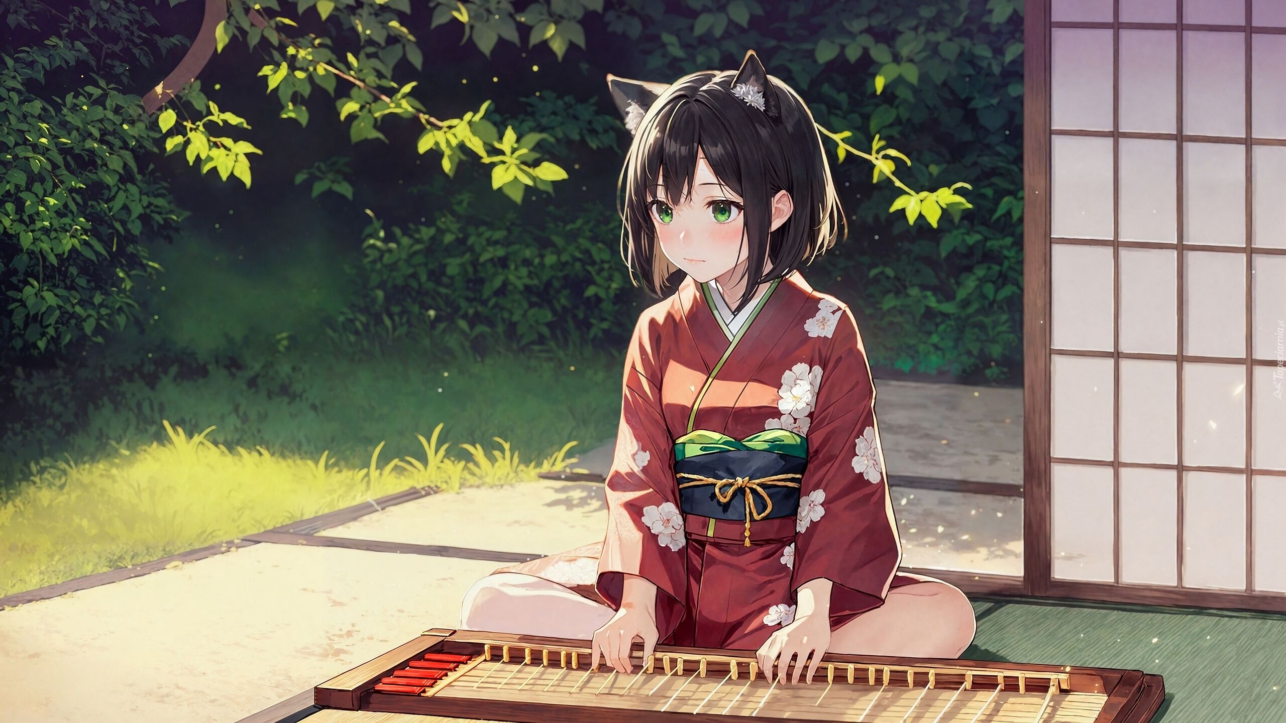 Dziewczyna, Uszy, Kimono, Instrument, Drzewa, Trawa, Dom, Manga Anime