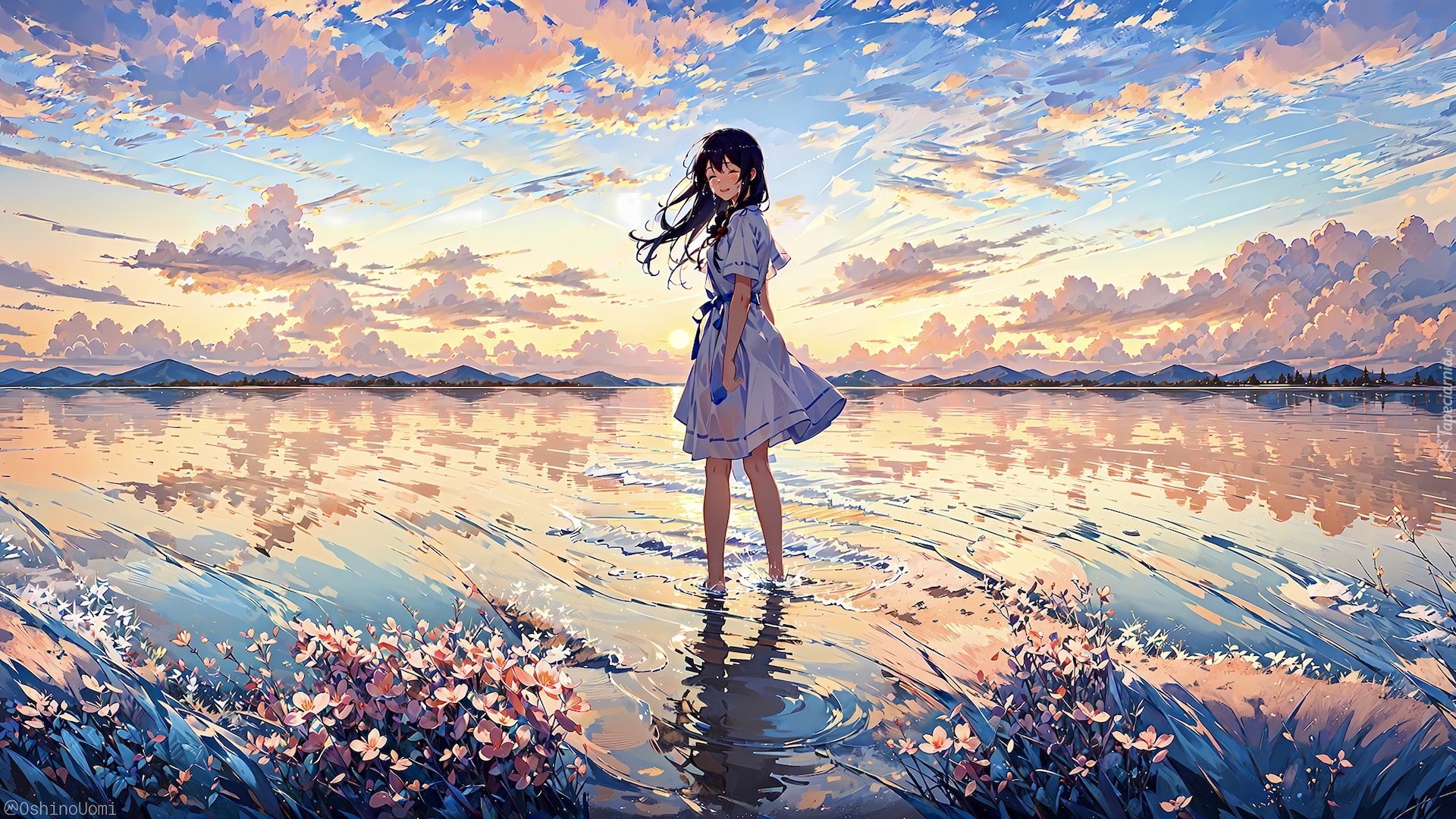Grafika, Anime, Dziewczyna, Rzeka, Kwiaty, Chmury