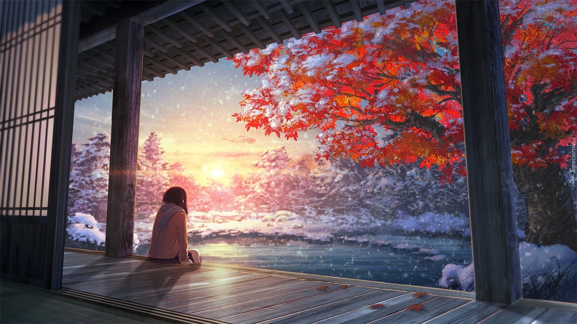 Manga Anime, Dziewczyna, Pomost, Zima, Śnieg, Drzewo, Wschód Słońca
