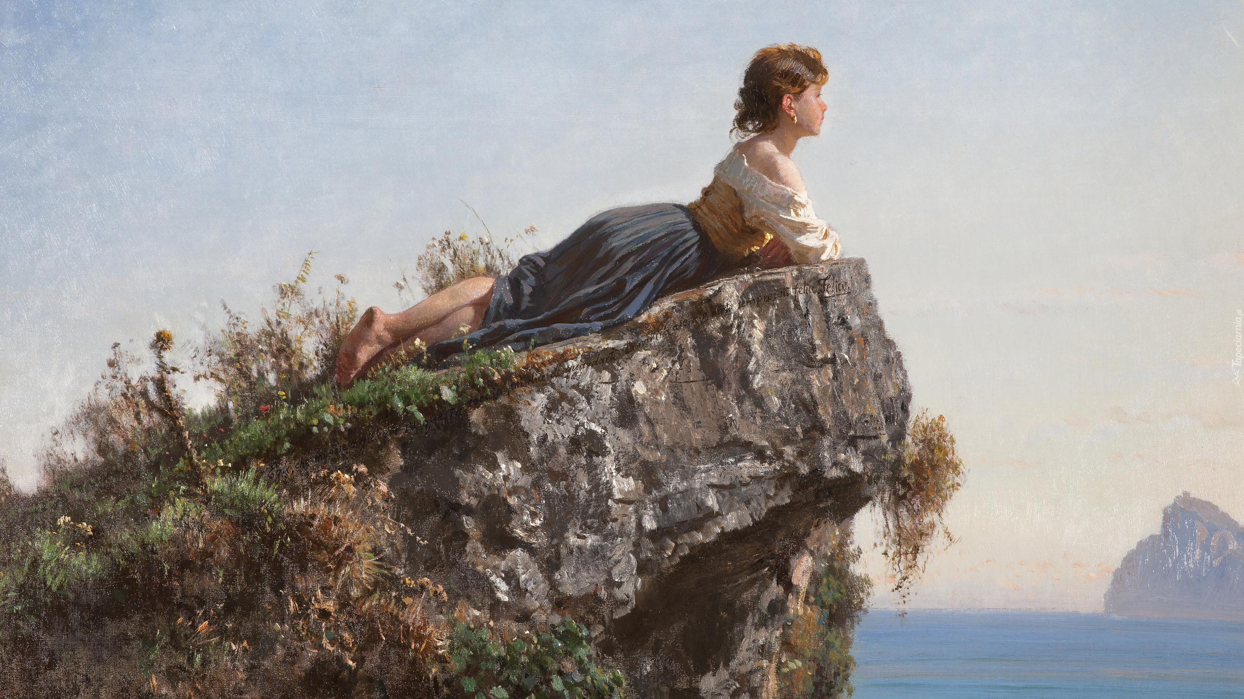 Obraz, Malarstwo, Filippo Palizzi, Tytuł, Girl on The Rock in Sorrento, Dziewczyna, Skała