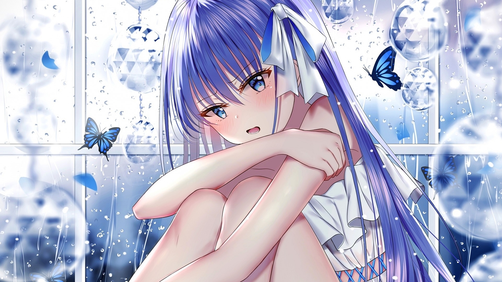 Manga Anime, Dziewczyna, Niebieskie włosy, Kokarda, Okno, Motyle