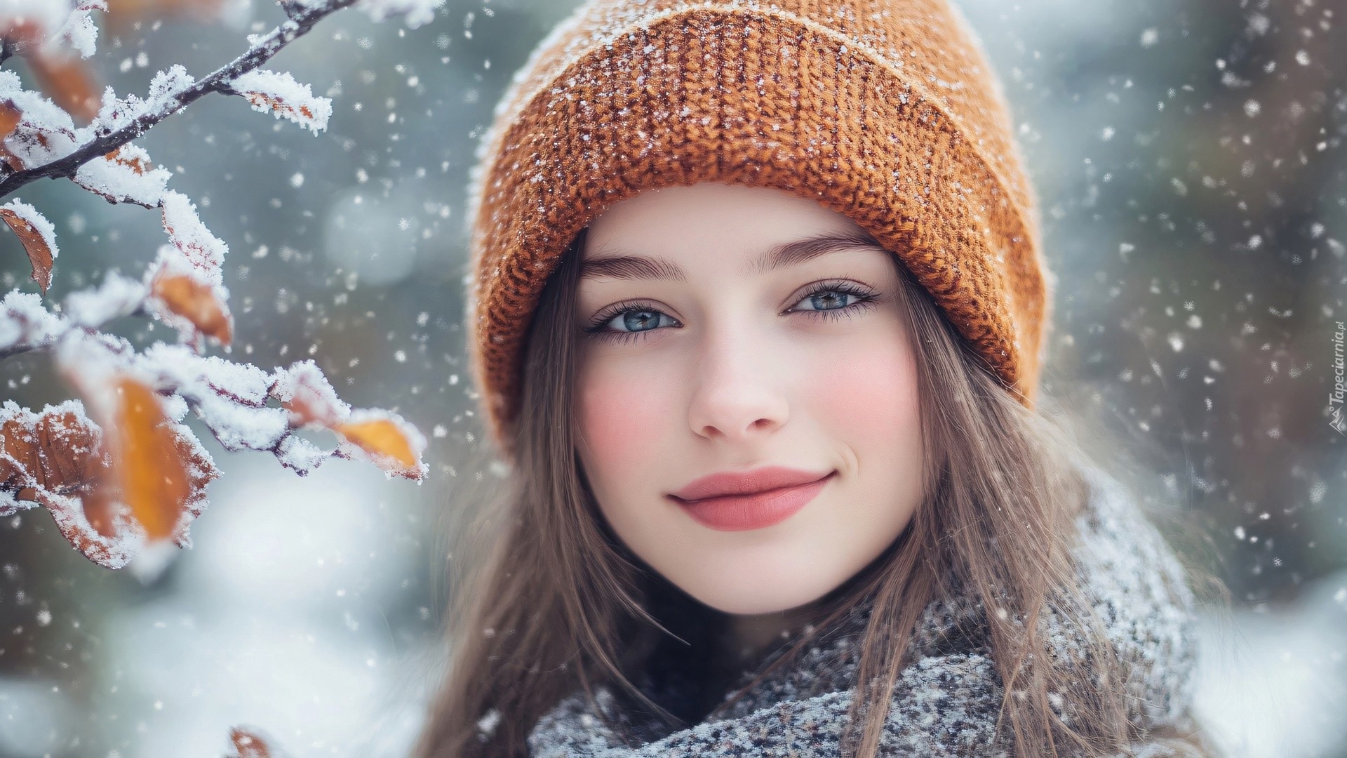 Długowłosa, Kobieta, Czapka, Ośnieżona, Gałązka