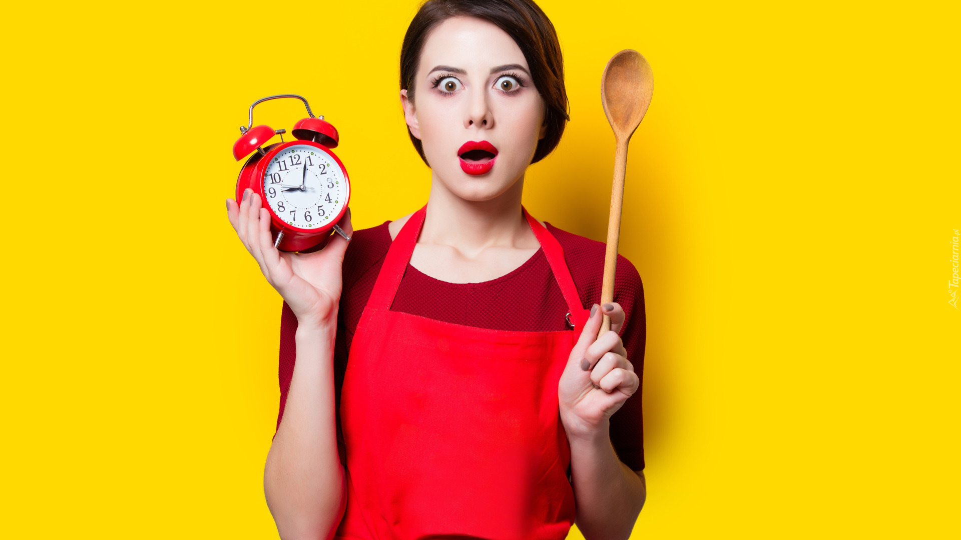 Dziewczyna, Czerwony, Fartuch, Drewniana, Łyżka, Zegar, Budzik