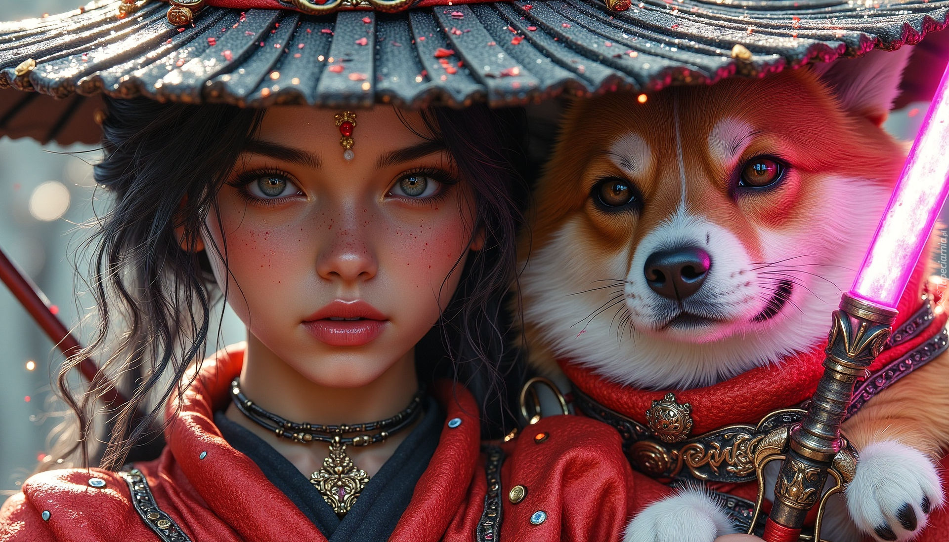 Dziewczyna, Pies, Miecz, Grafika AI