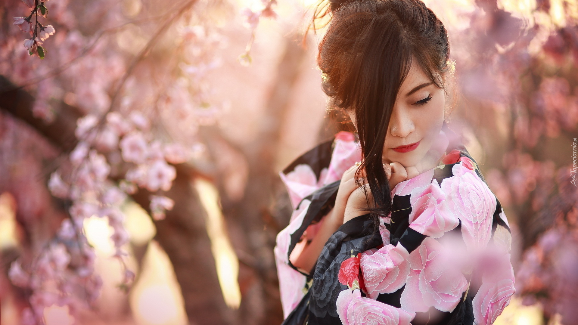 Dziewczyna, Kolorowa, Bluzka, Kwitnące, Drzewa