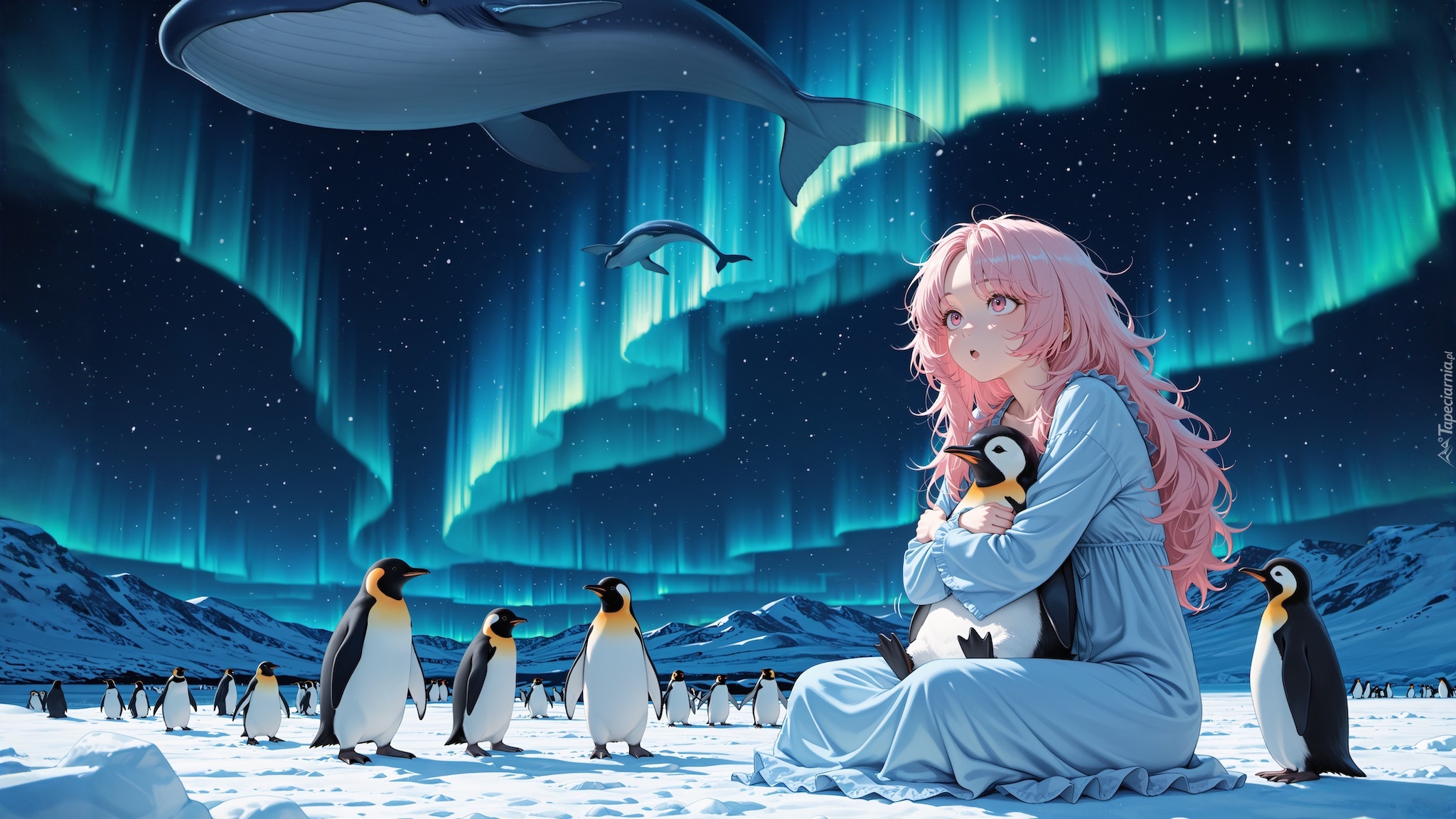 Dziewczyna, Zorza polarna, Pingwiny, Wieloryby, Anime