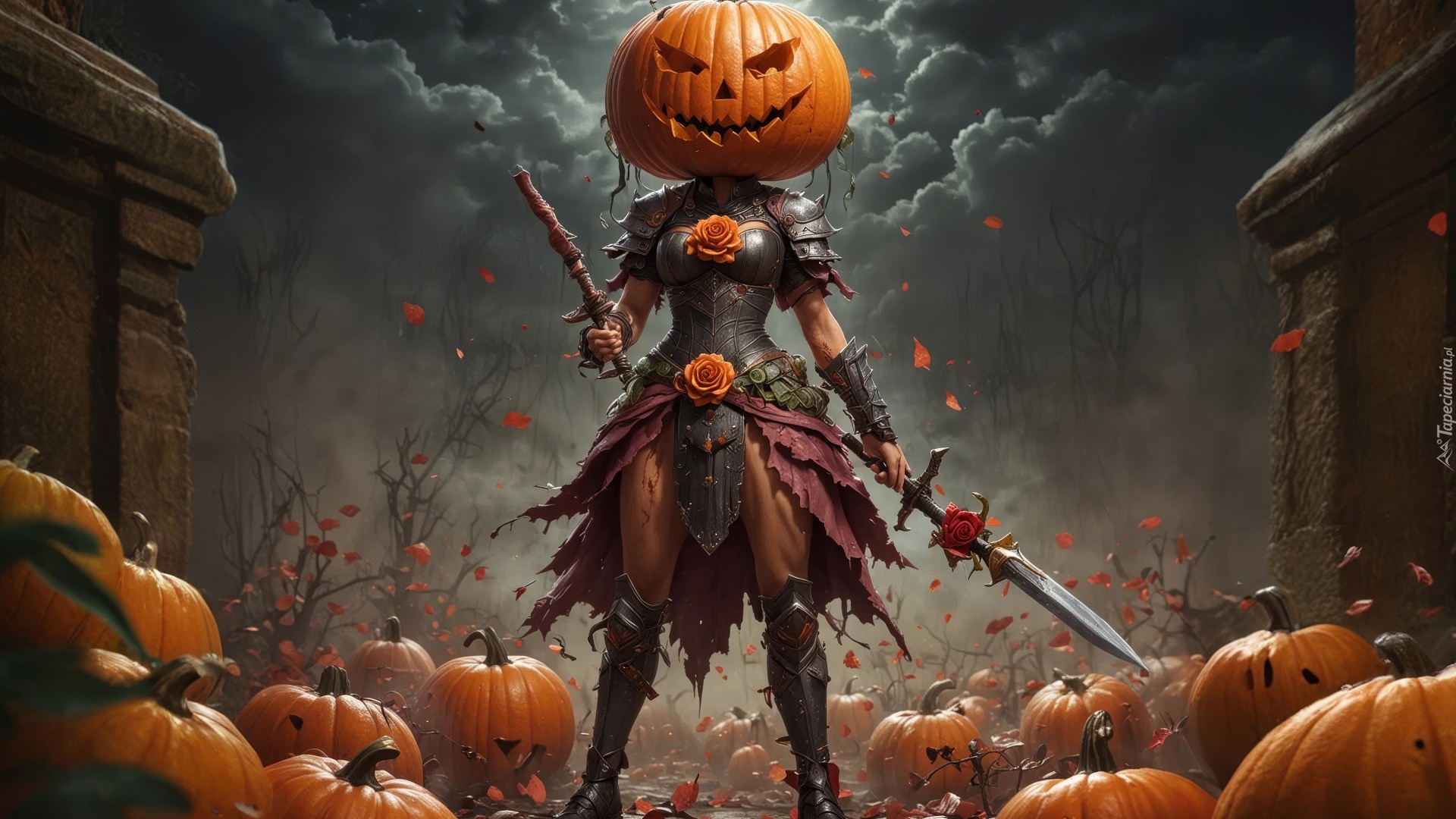 Grafika, Halloween, Dynie, Postać, Zbroja, Miecz, Mury