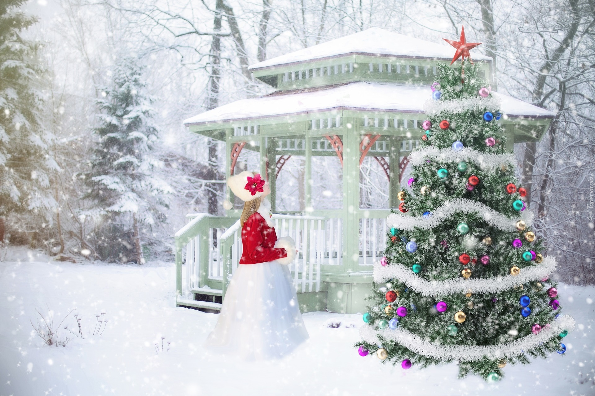 Boże Narodzenie, Zima, Dziewczynka, Altana, Choinka, Drzewa, Śnieg