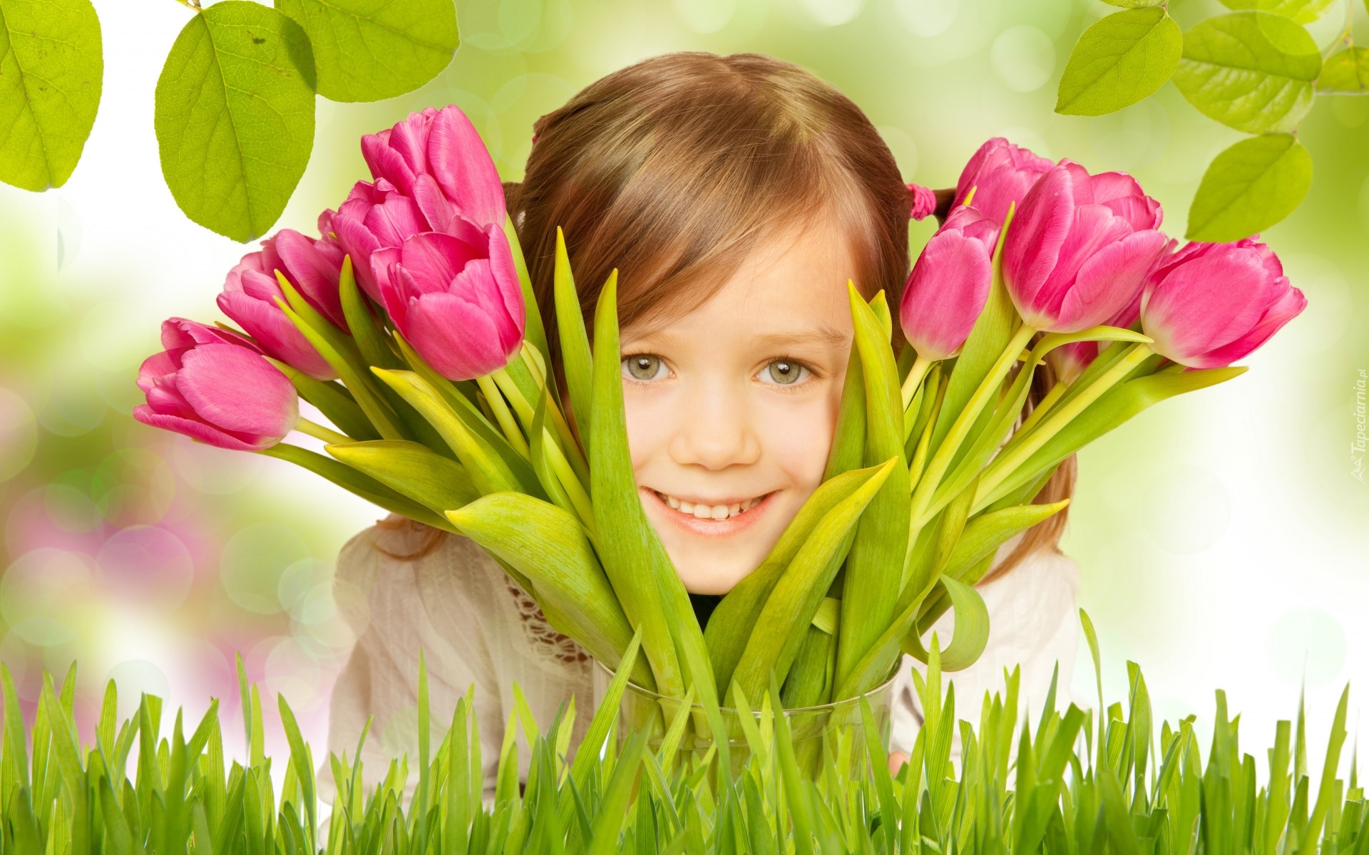 Dziewczynka, Kwiaty, Bukiet, Tulipany, Różowe