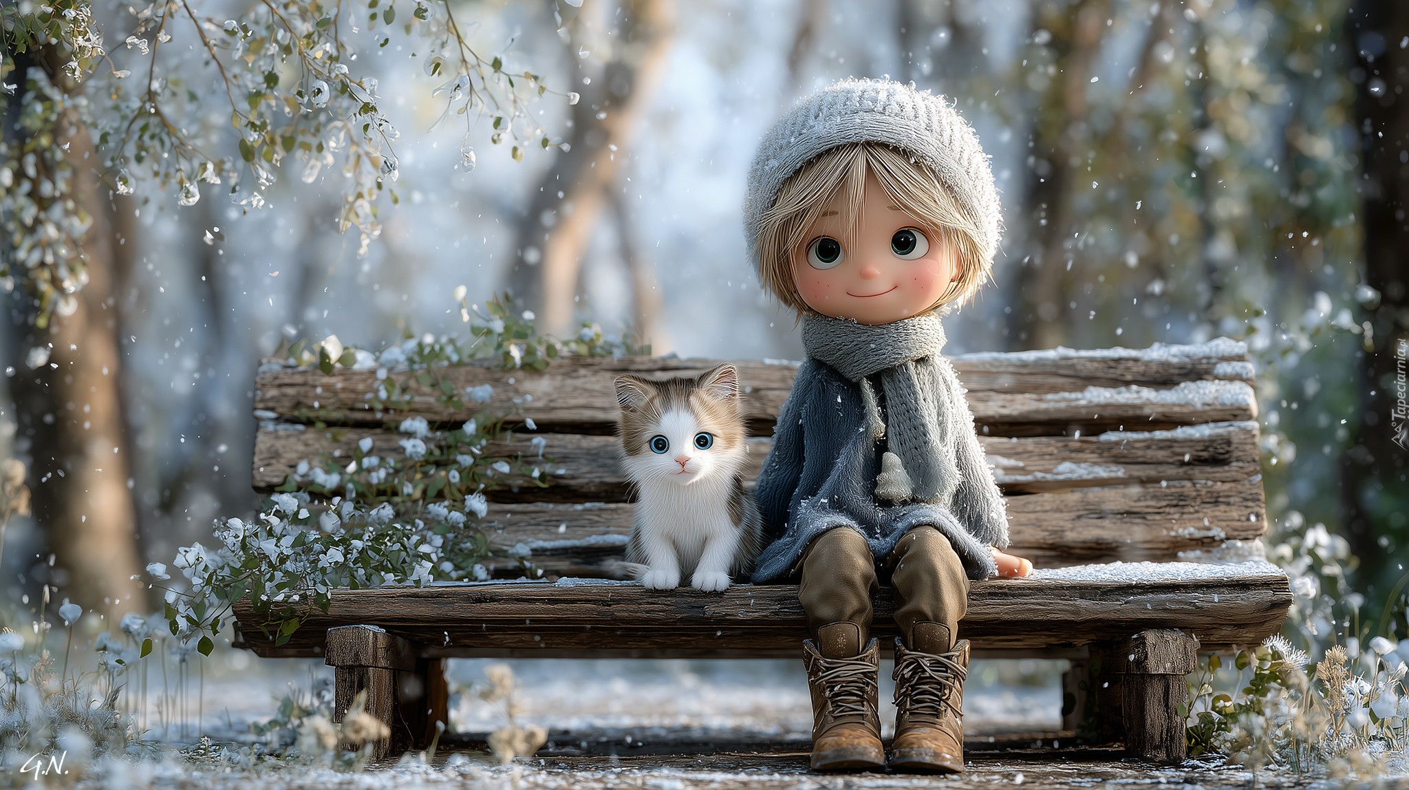 Dziewczynka, Kot, Ławka, Grafika AI