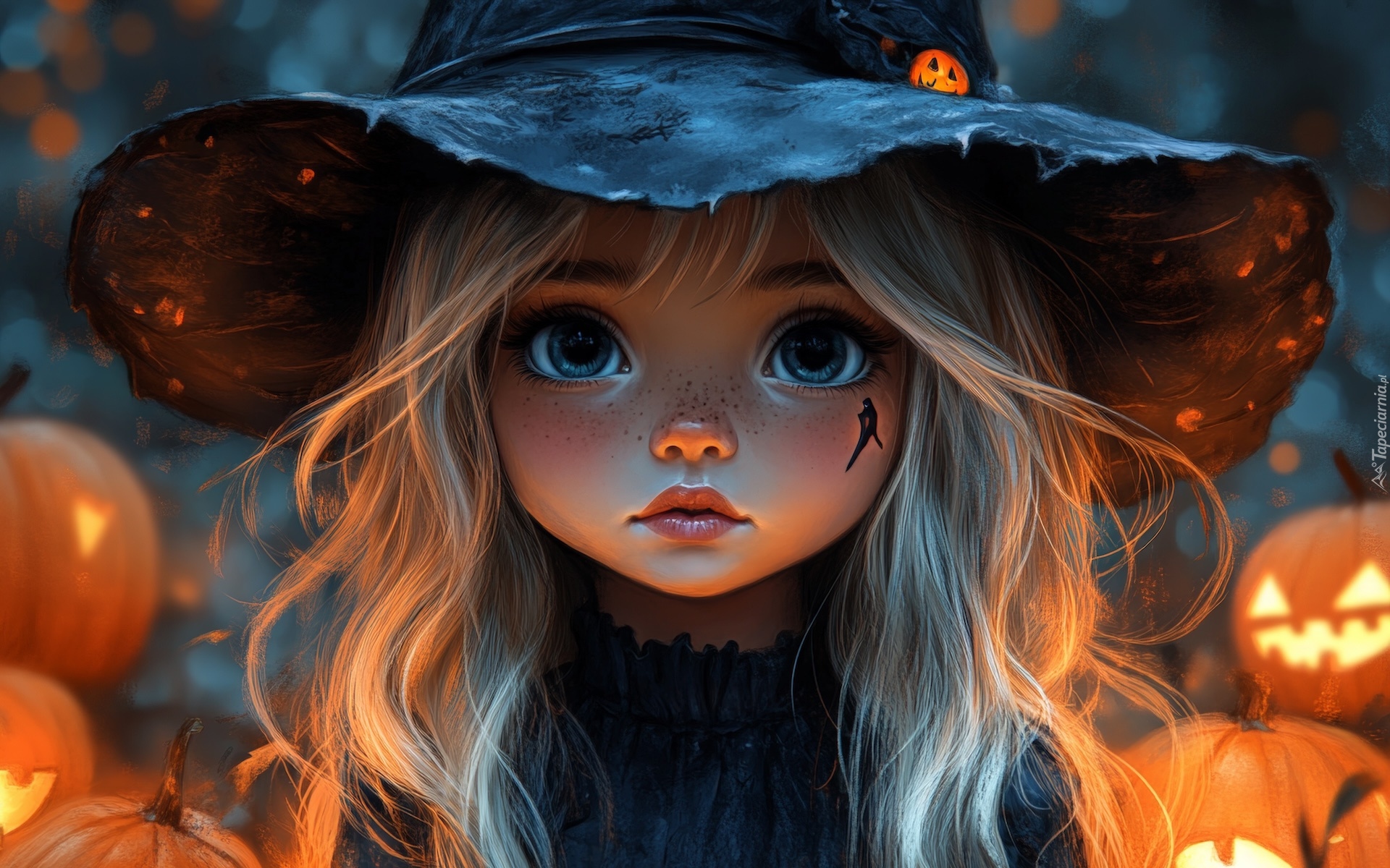 Dziewczynka, Kapelusz, Dynie, Halloween, AI