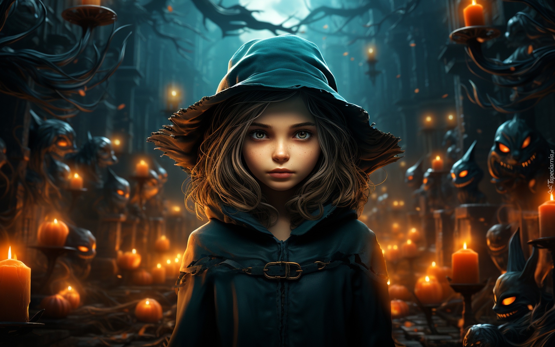 Dziewczynka, Kapelusz, Dynie, Świece, Halloween, AI