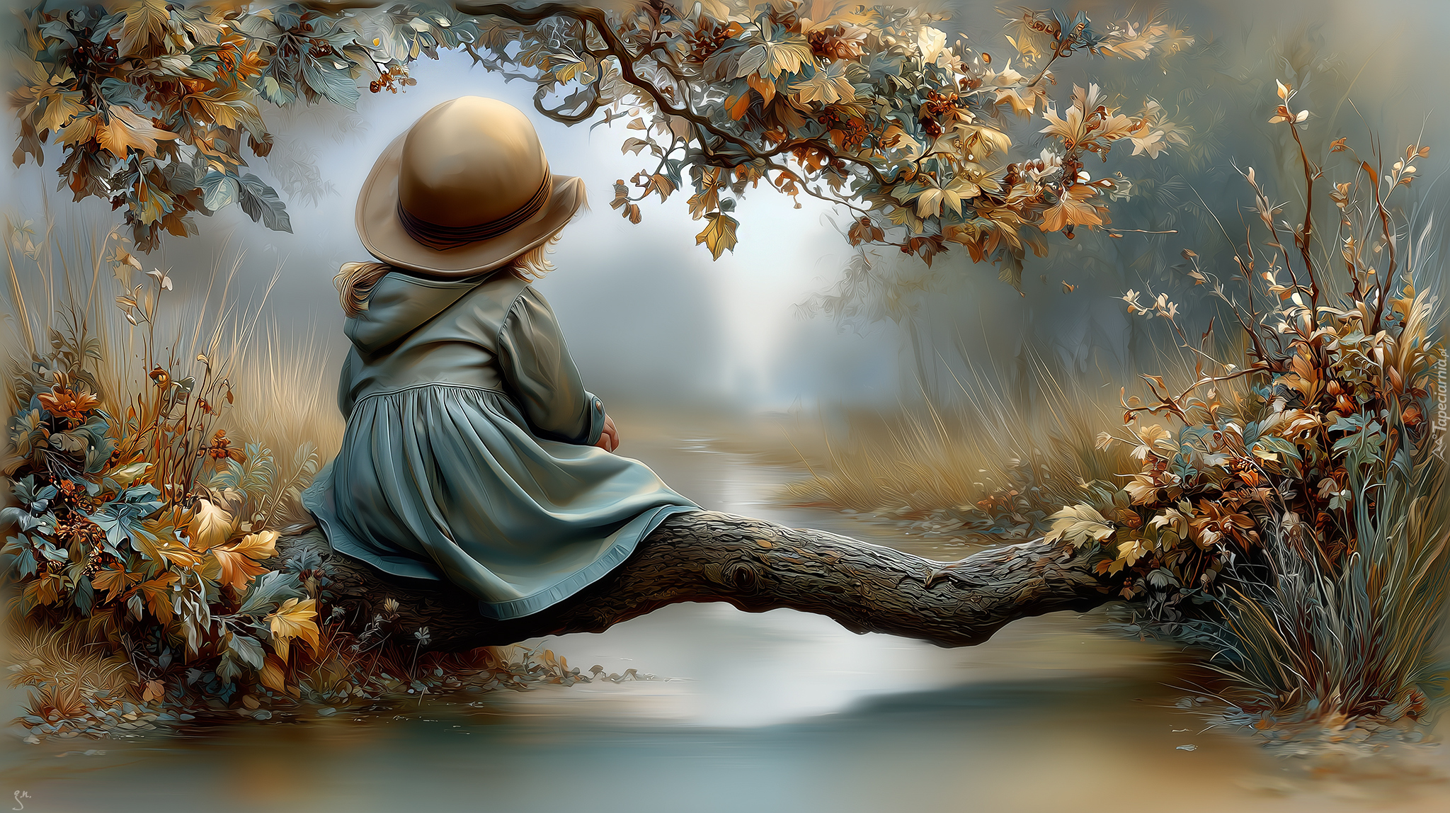 Dziewczynka, Strumień, Gałąź, Liście, Rośliny, Grafika AI