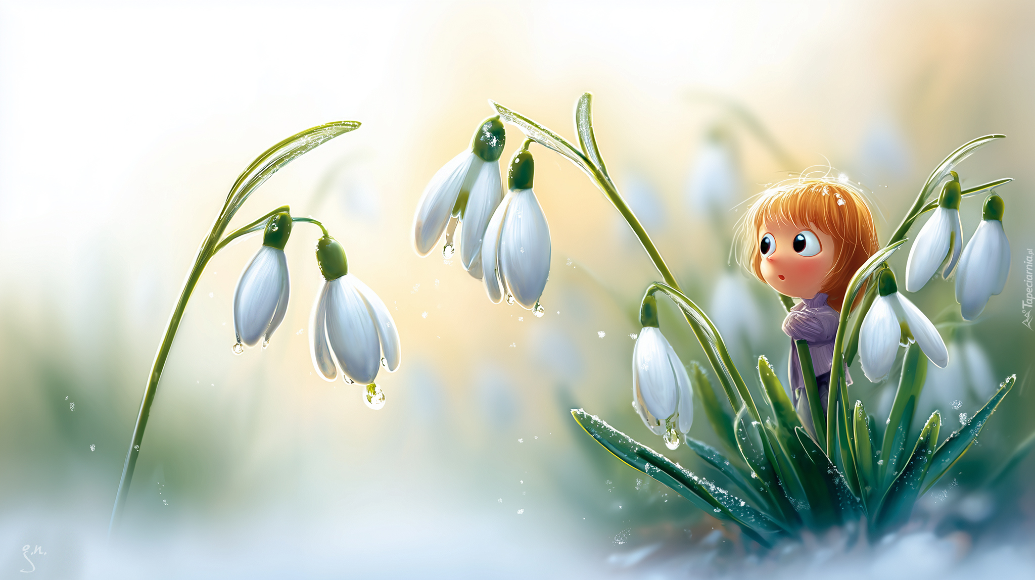 Przebiśniegi, Kwiaty, Dziewczynka, Grafika AI
