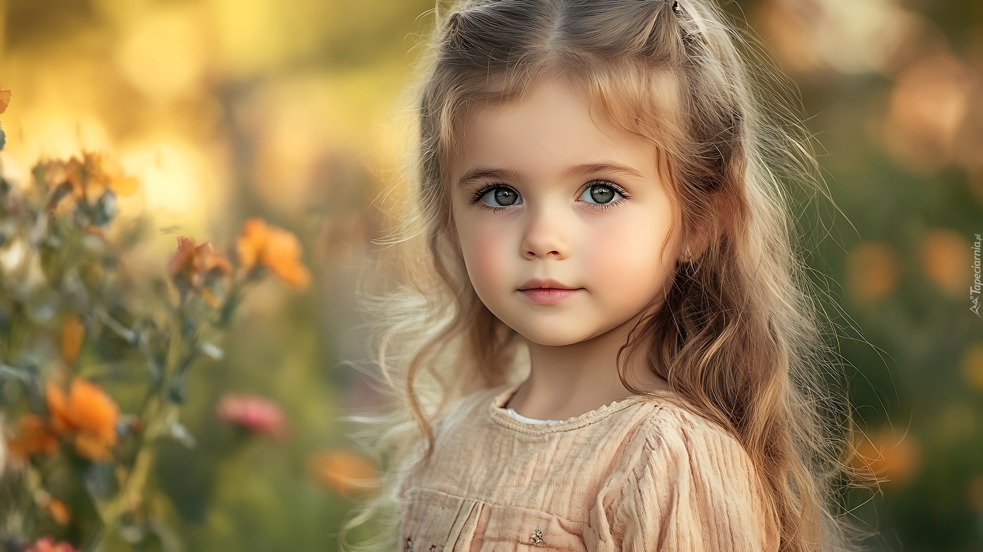 Dziewczynka, Długowłosa, Blondynka, Kwiaty