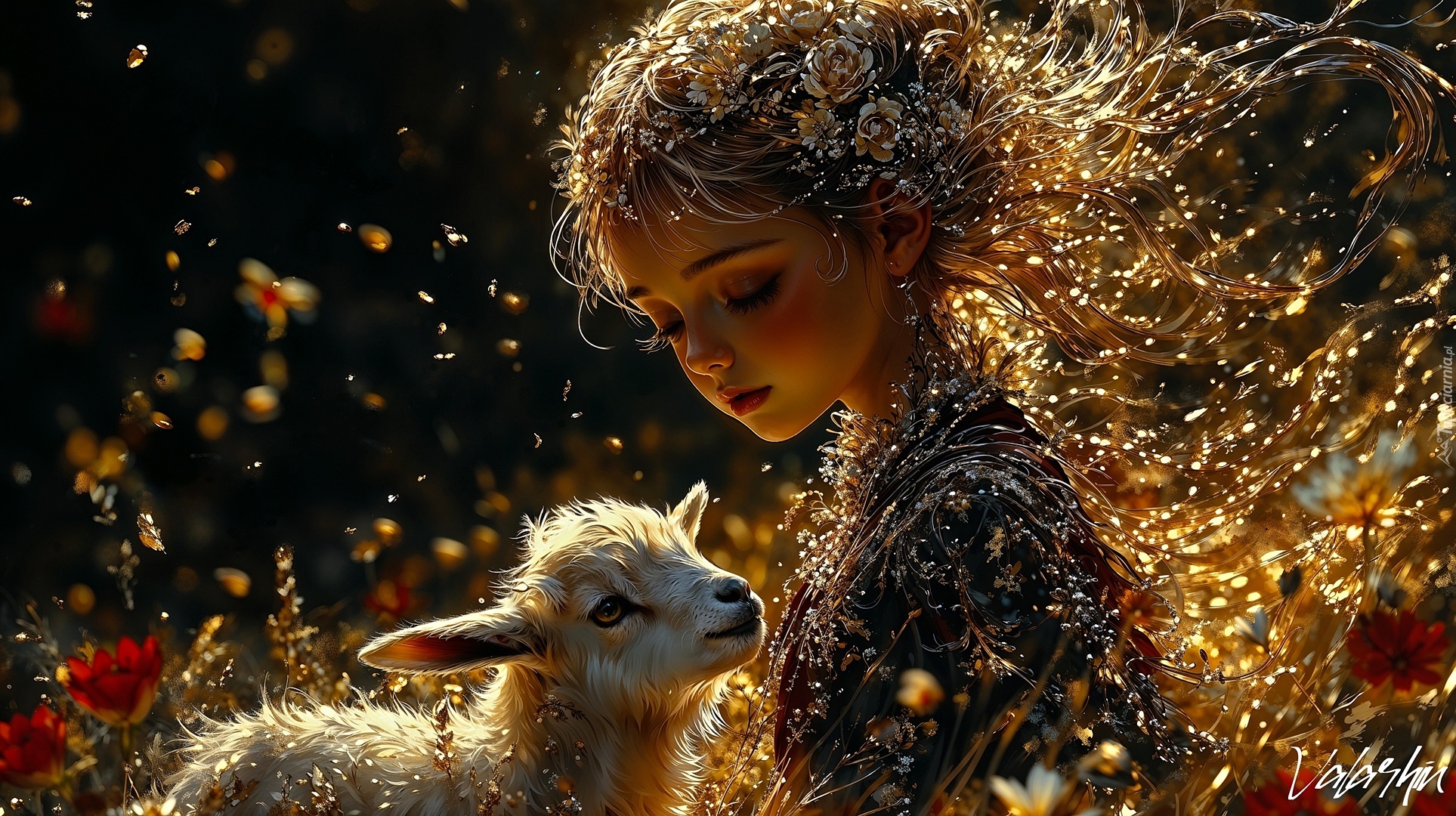 Dziewczynka, Kwiaty, Koza, Kózka, Grafika AI