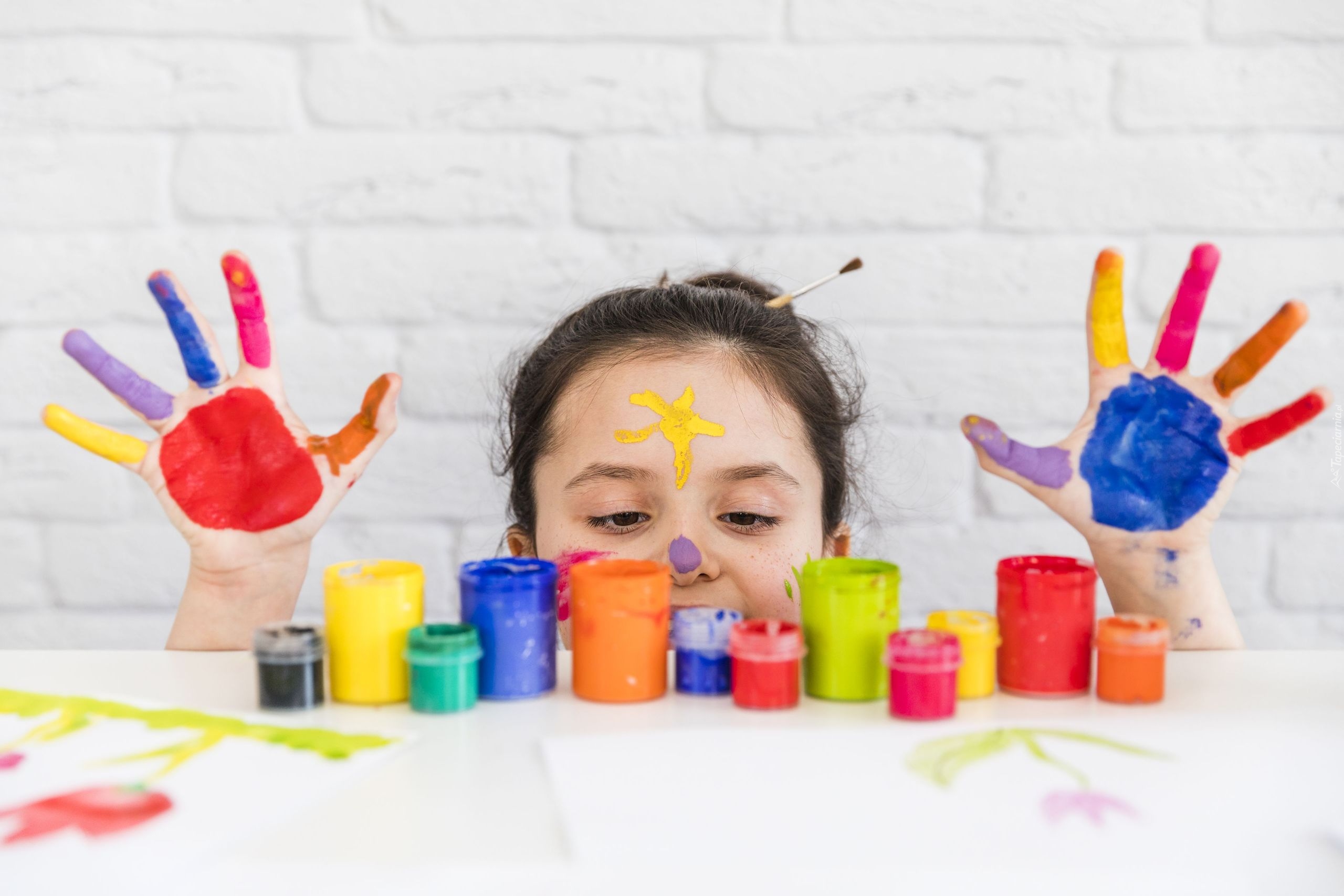 Dzieci, Dziewczynka, Malowanie, Kolorowe, Farby, Pomalowane, Ręce