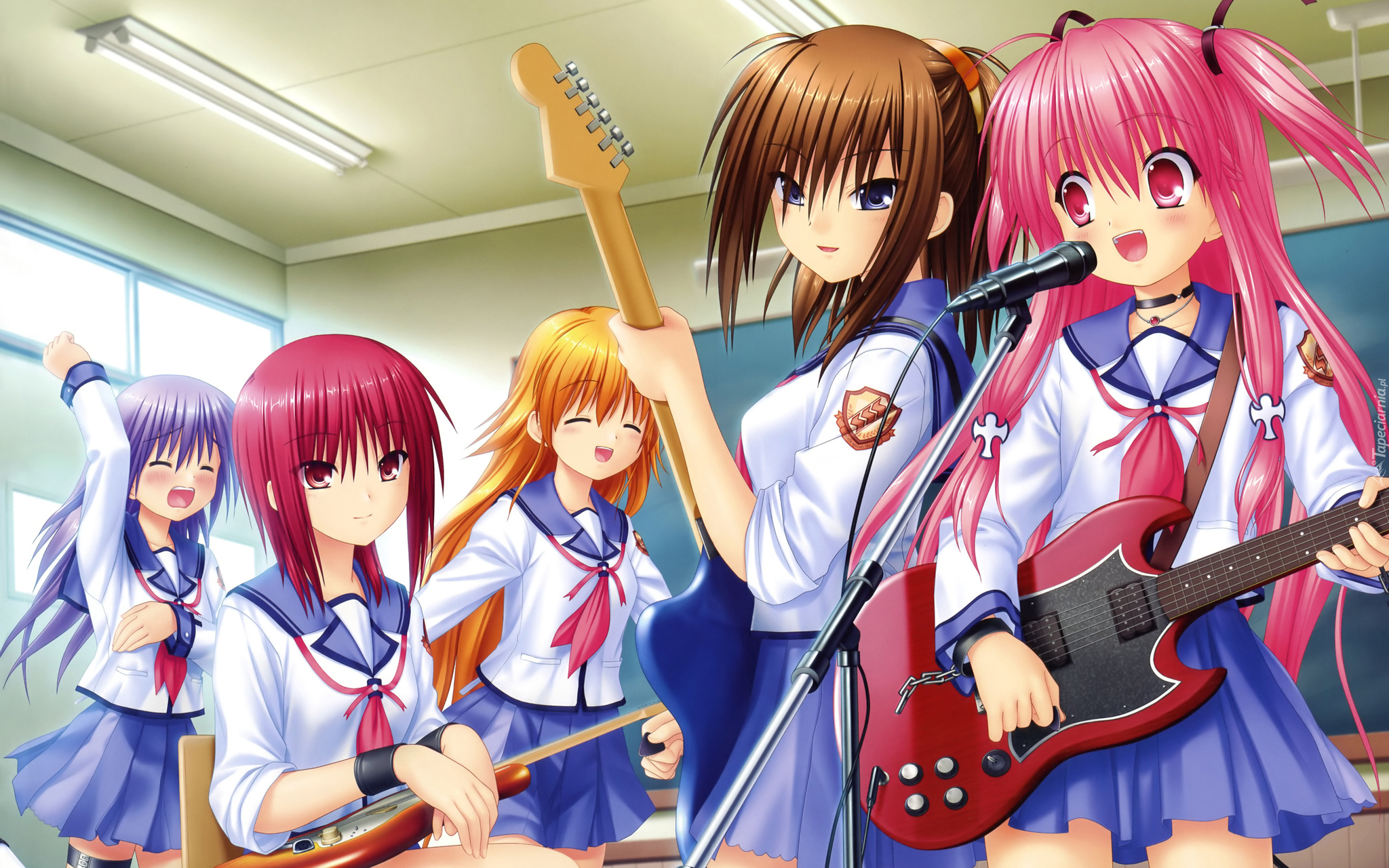 Anime, Angel Beats, Szkoła, Klasa, Dziewczyny, Zespół, Muzyka, Gitary, Mikrofon