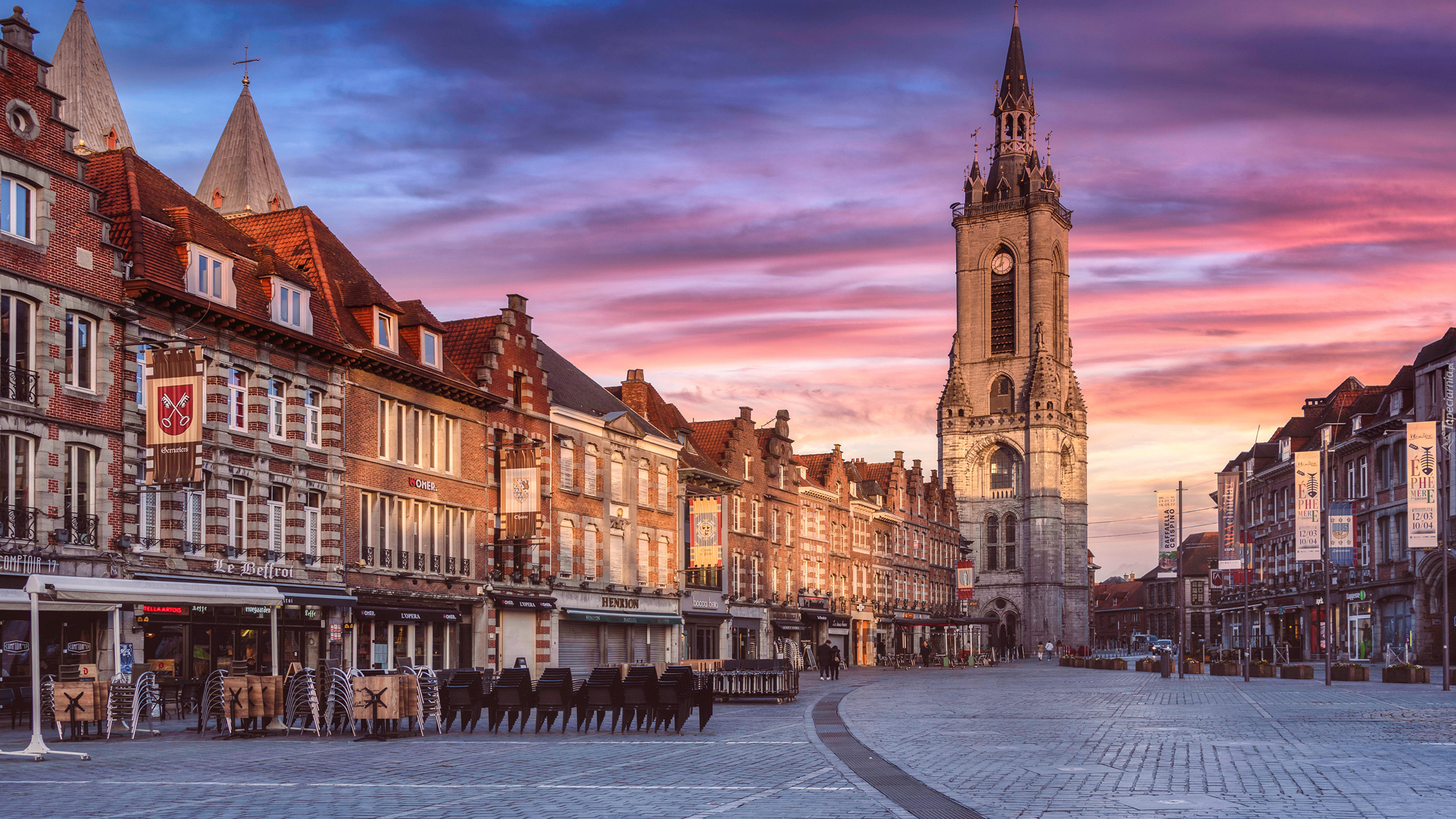 Belgia, Miasto, Tournai, Dzwonnica, Belfry of Tournai, Domy, Plac, Wieczór