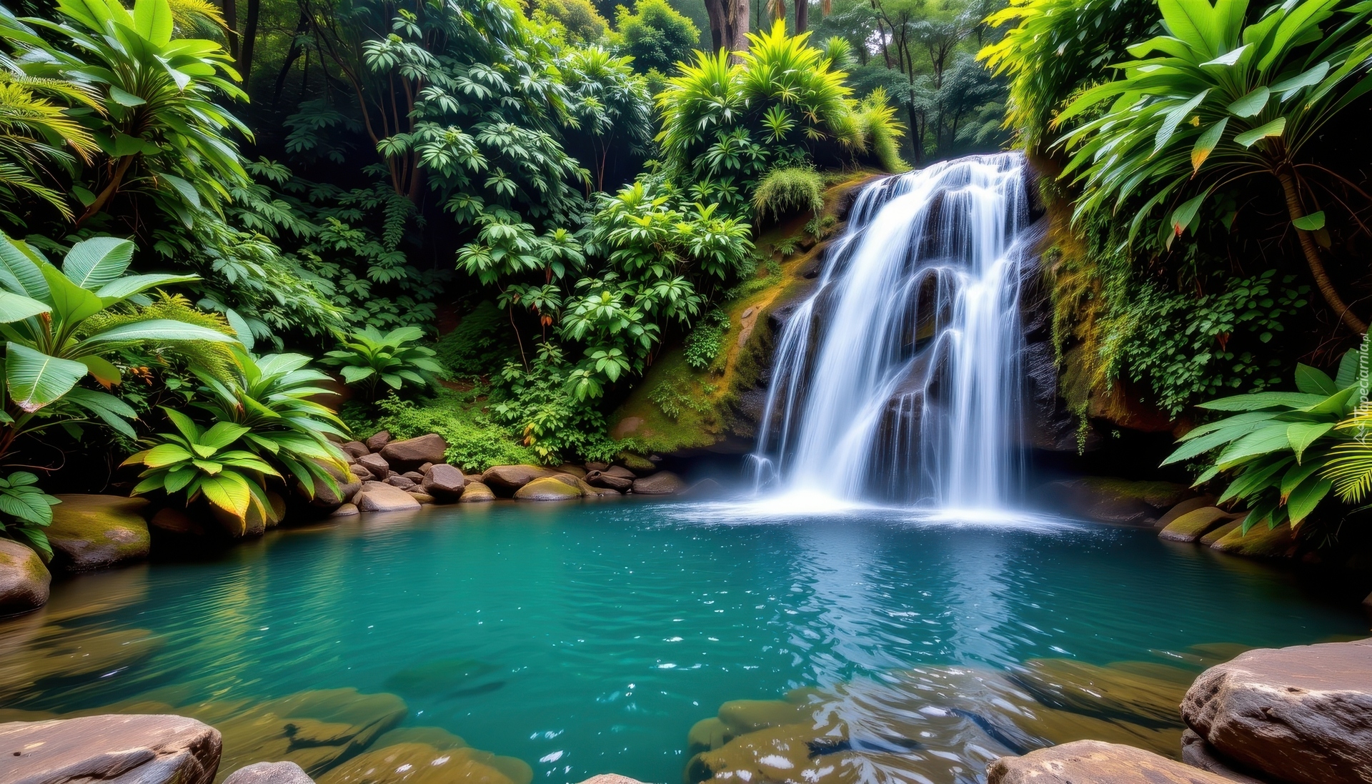 Las, Wodospad, Potok, Kamienie, Rośliny