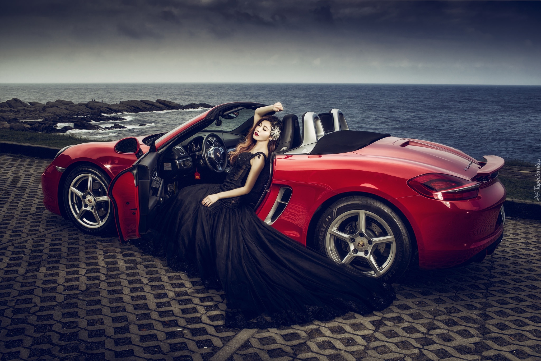 Kobieta, Czerwone, Porsche, Suknia, Czarna