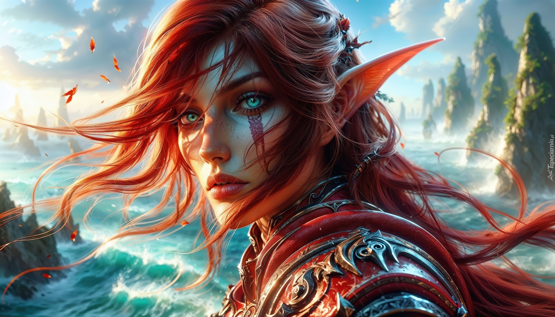 Dziewczyna, Elfka, Włosy, Rude, Fantasy, Grafika AI