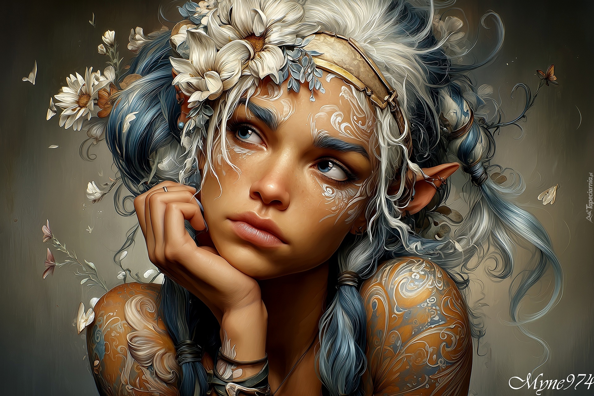 Dziewczyna, Elfka, Twarz, Opaska, Kwiaty, Grafika AI