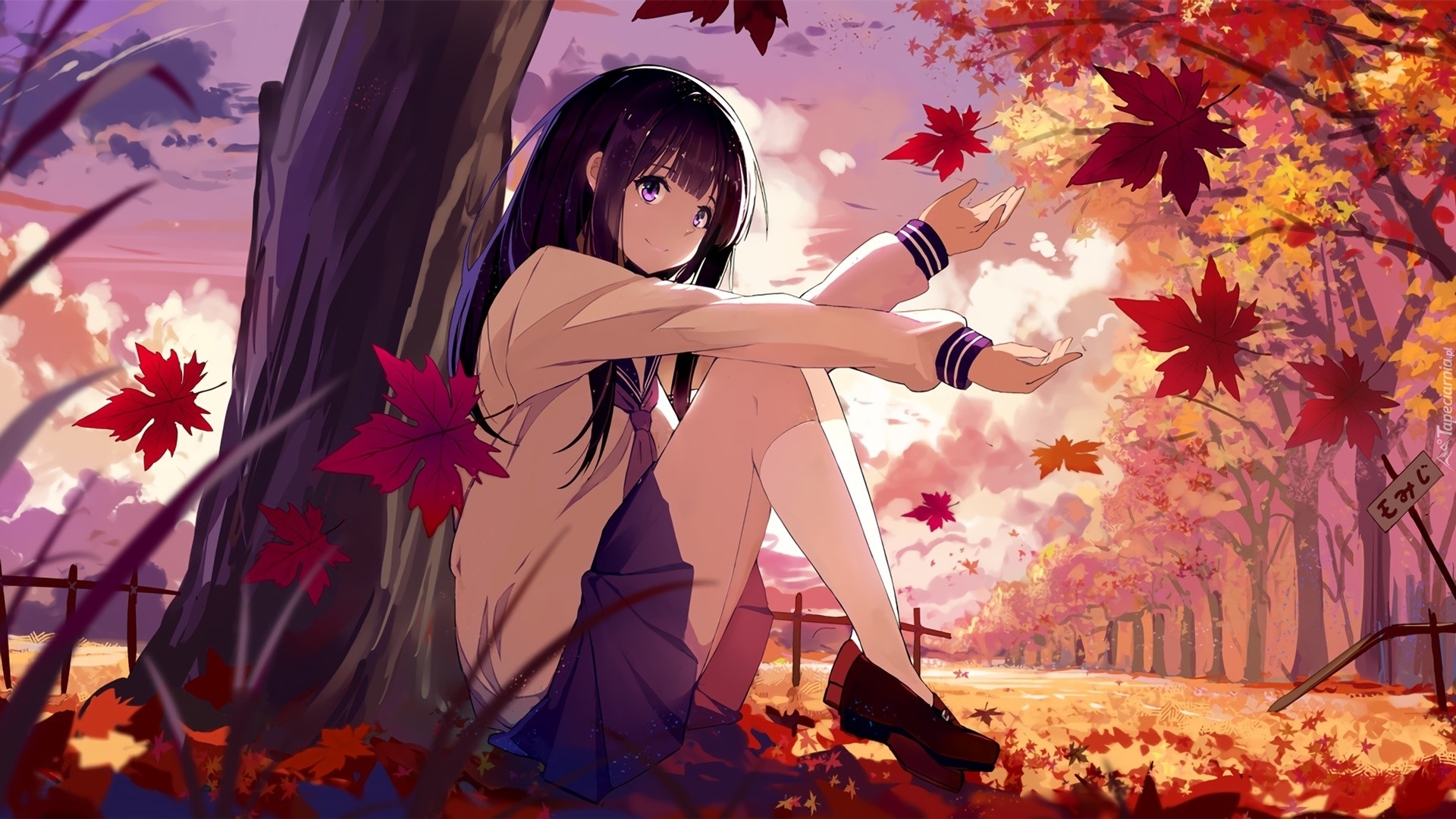 Manga Anime, Seria Hyouka, Postać Eru Chitanda, Dziewczyna, Jesień, Drzewa, Liście