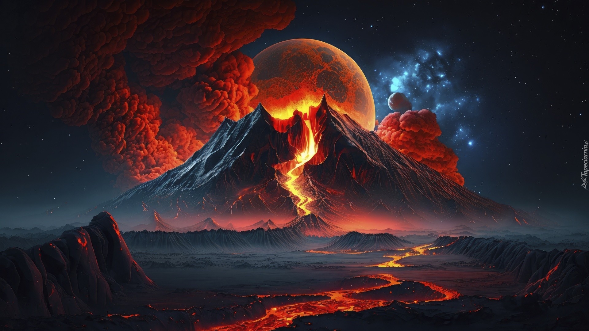 Noc, Wulkan, Erupcja, Ogień, Dym, Księżyc, AI