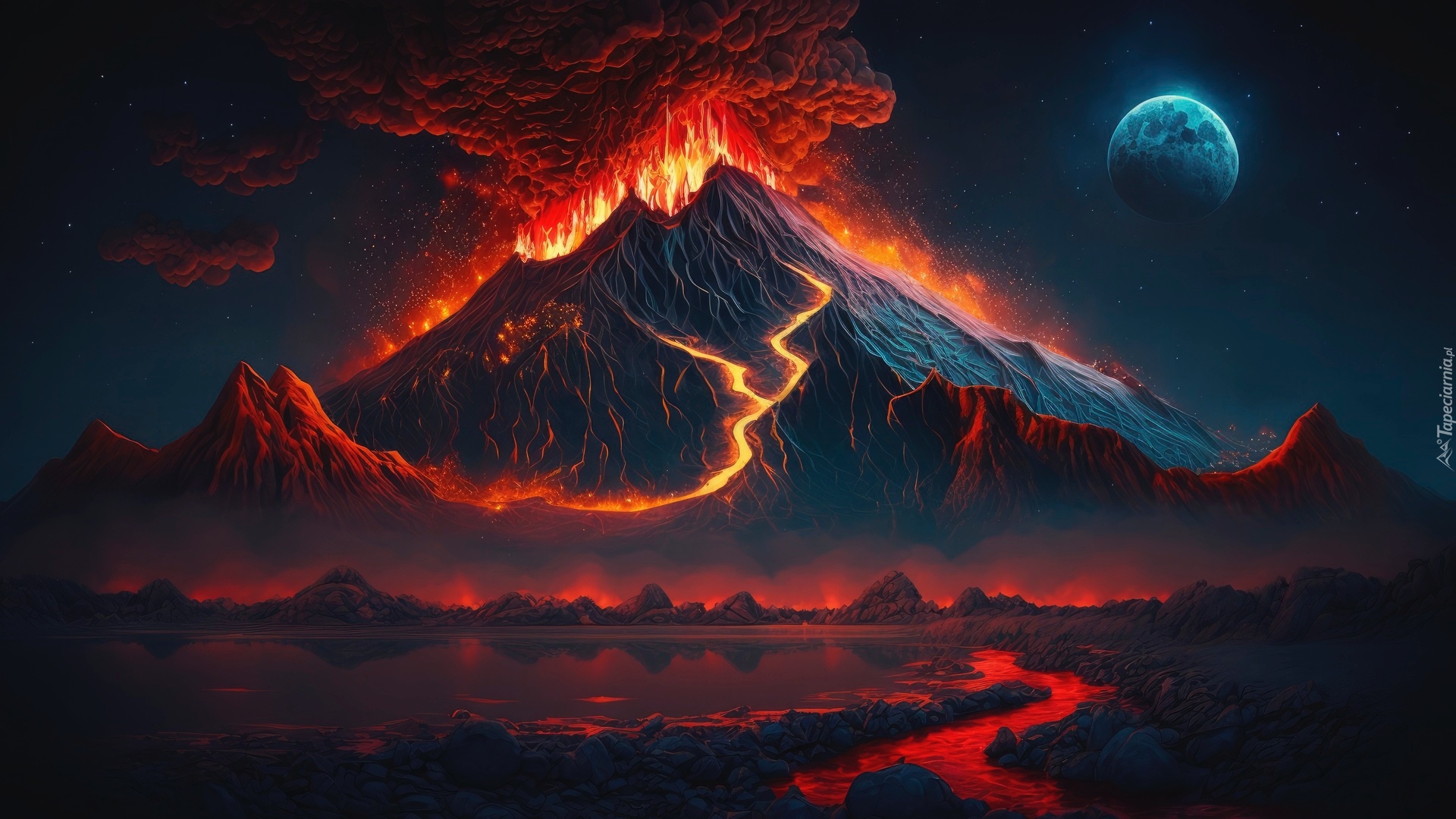 Wulkan, Krater, Erupcja, Ogień, Lawa, Noc, Księżyc, AI