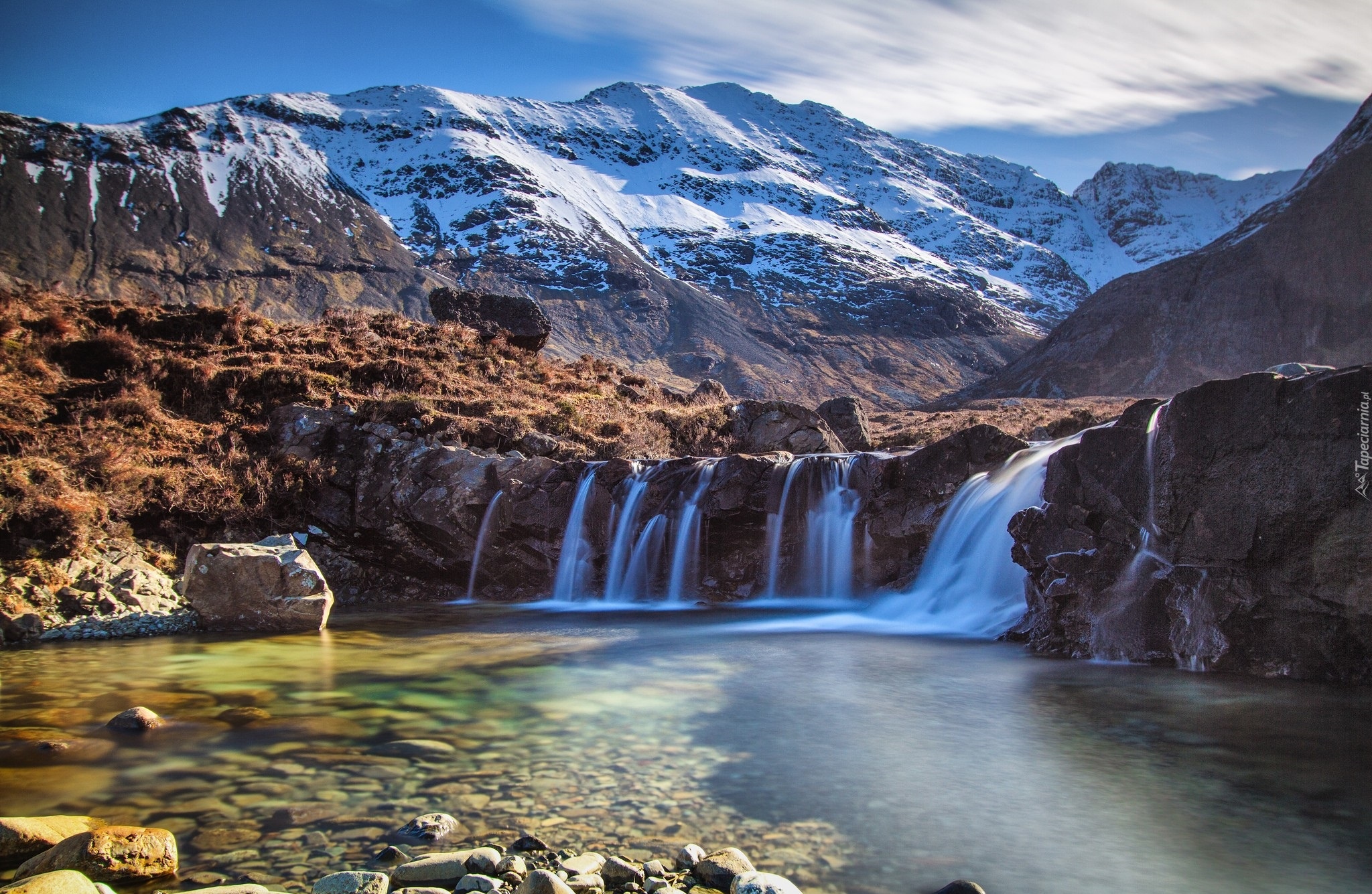 Szkocja, Wyspa Skye, Glen Brittle, Góry, Zbiorniki Fairy Pools, Wodospad, Jezioro, Kamienie