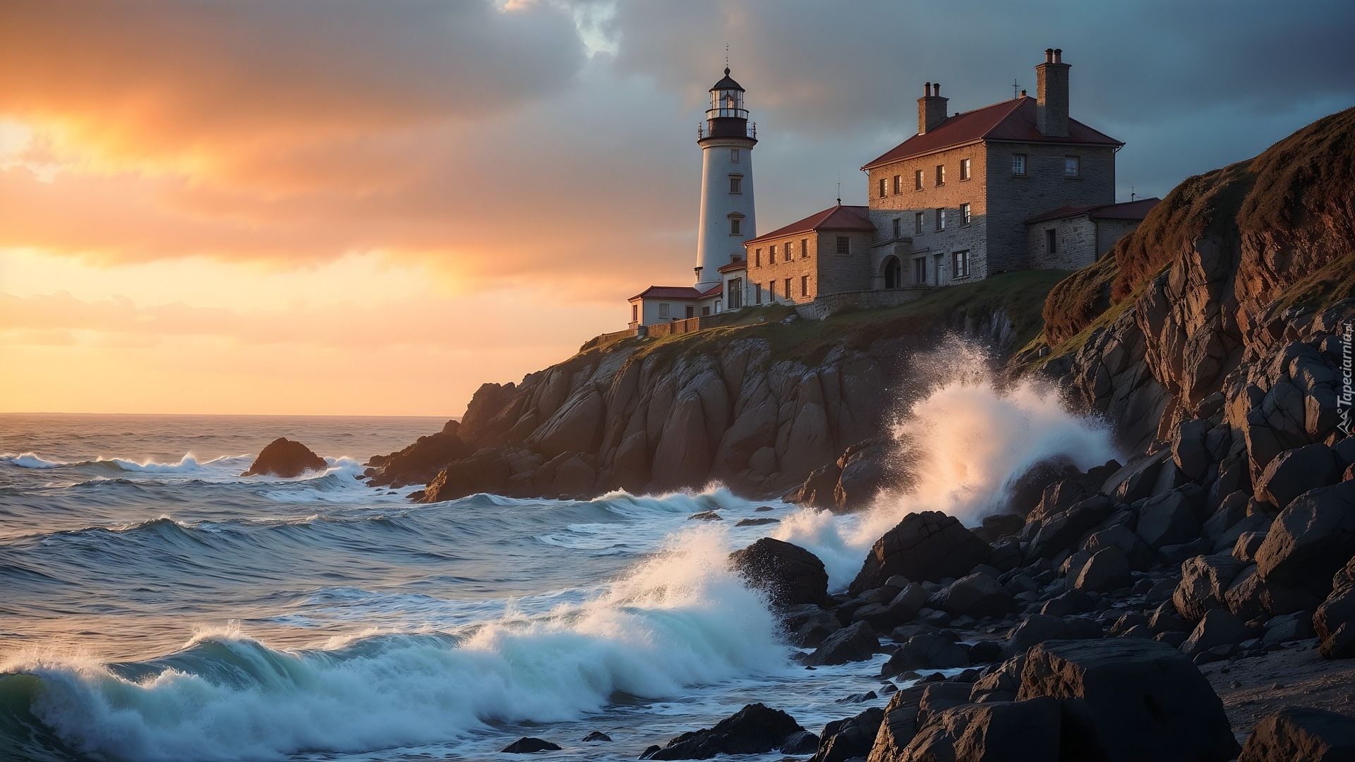 Morze, Fale, Latarnia morska, Skały, Zachód słońca