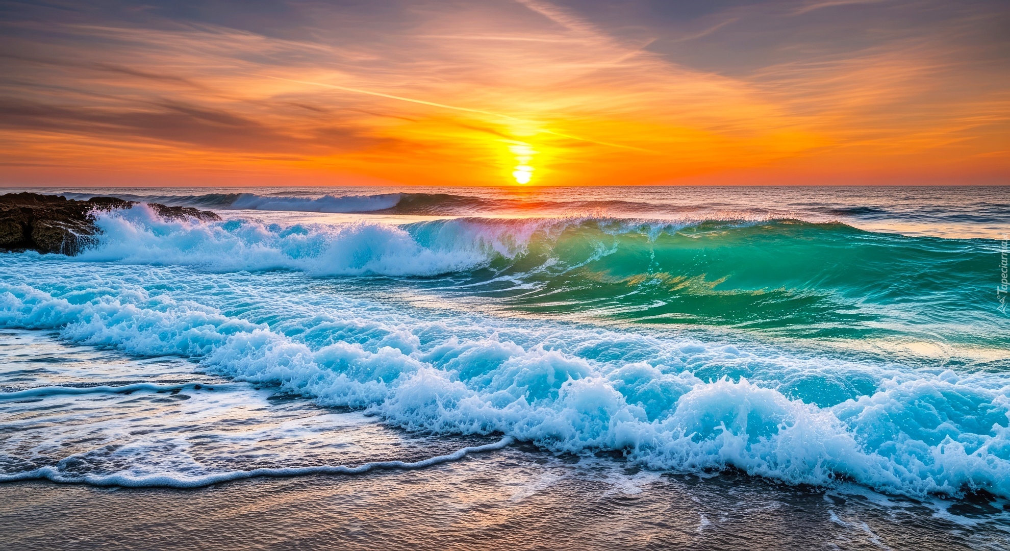 Fale, Morze, Zachód słońca, Grafika AI