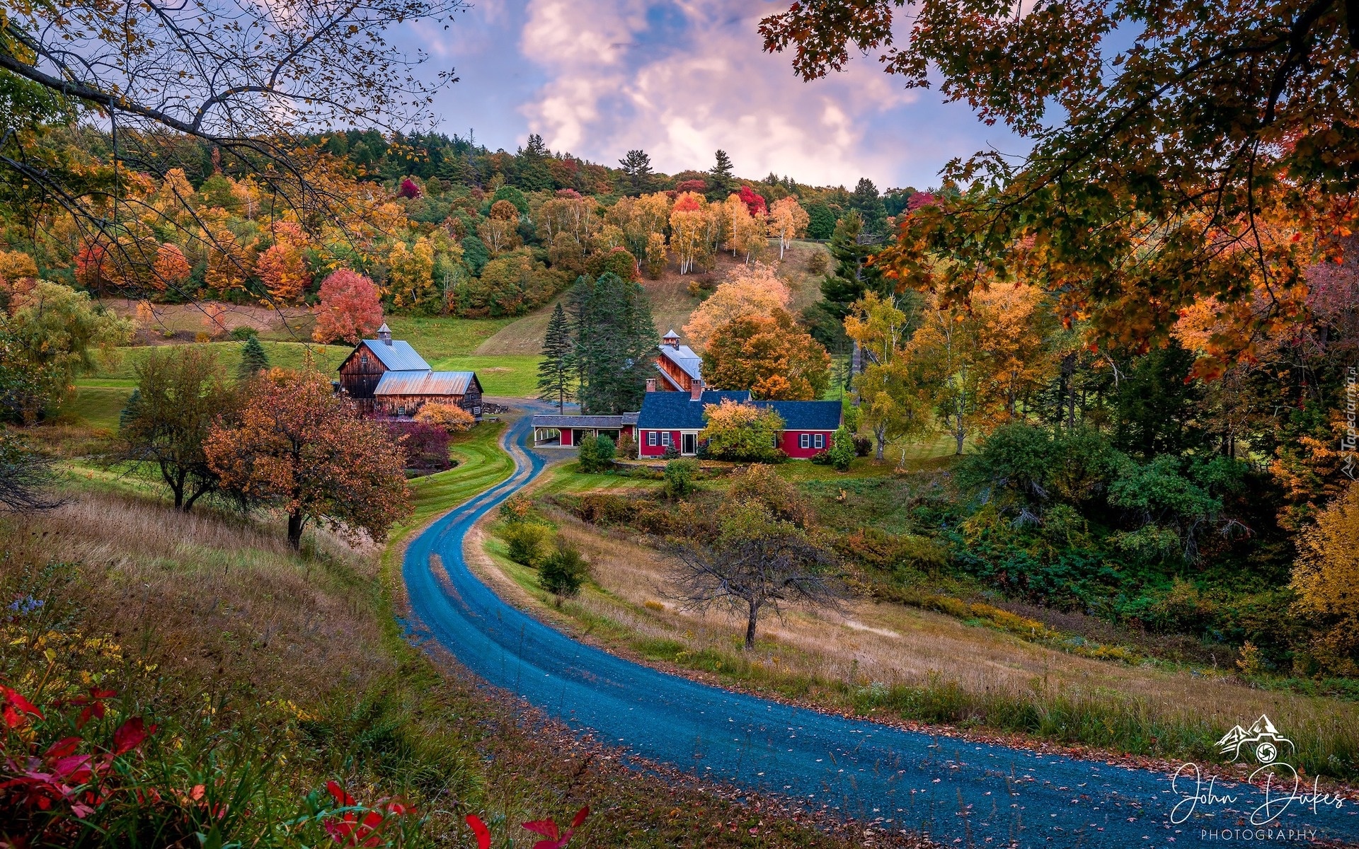 Stany Zjednoczone, Vermont, Pomfret, Domy, Sleepy Hollow Farm, Jesień, Droga, Drzewa