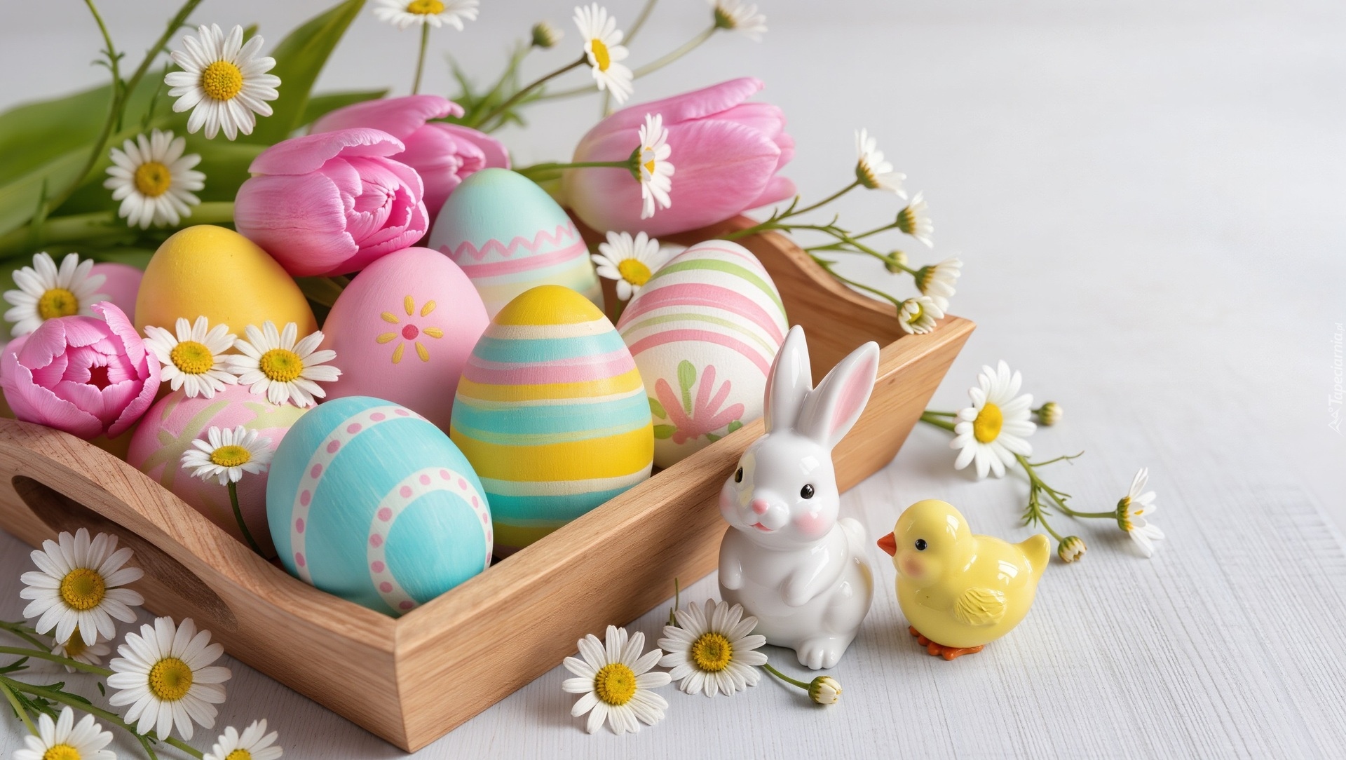 Wielkanoc, Pisanki, Kwiaty, Figurki