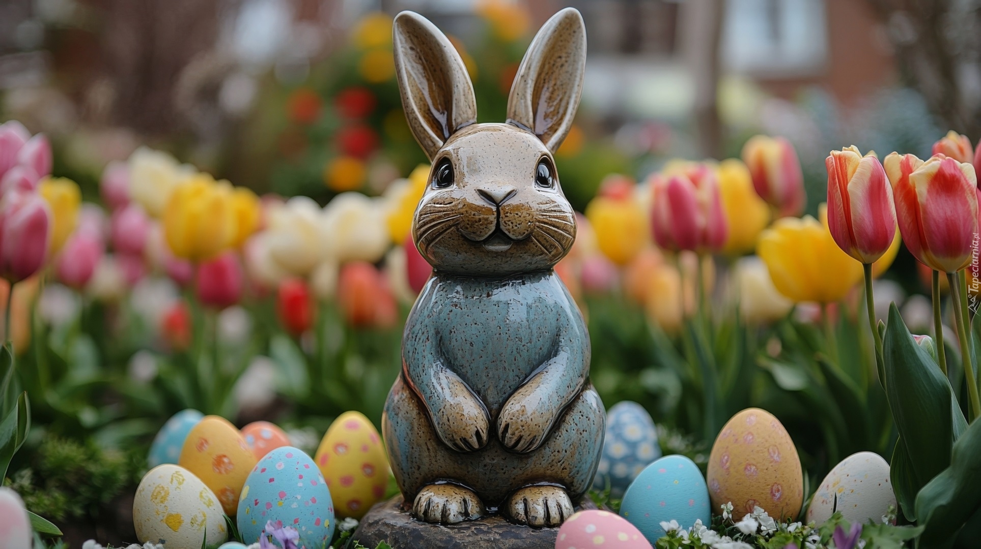 Wielkanoc, Zając, Figurka, Pisanki, Tulipany