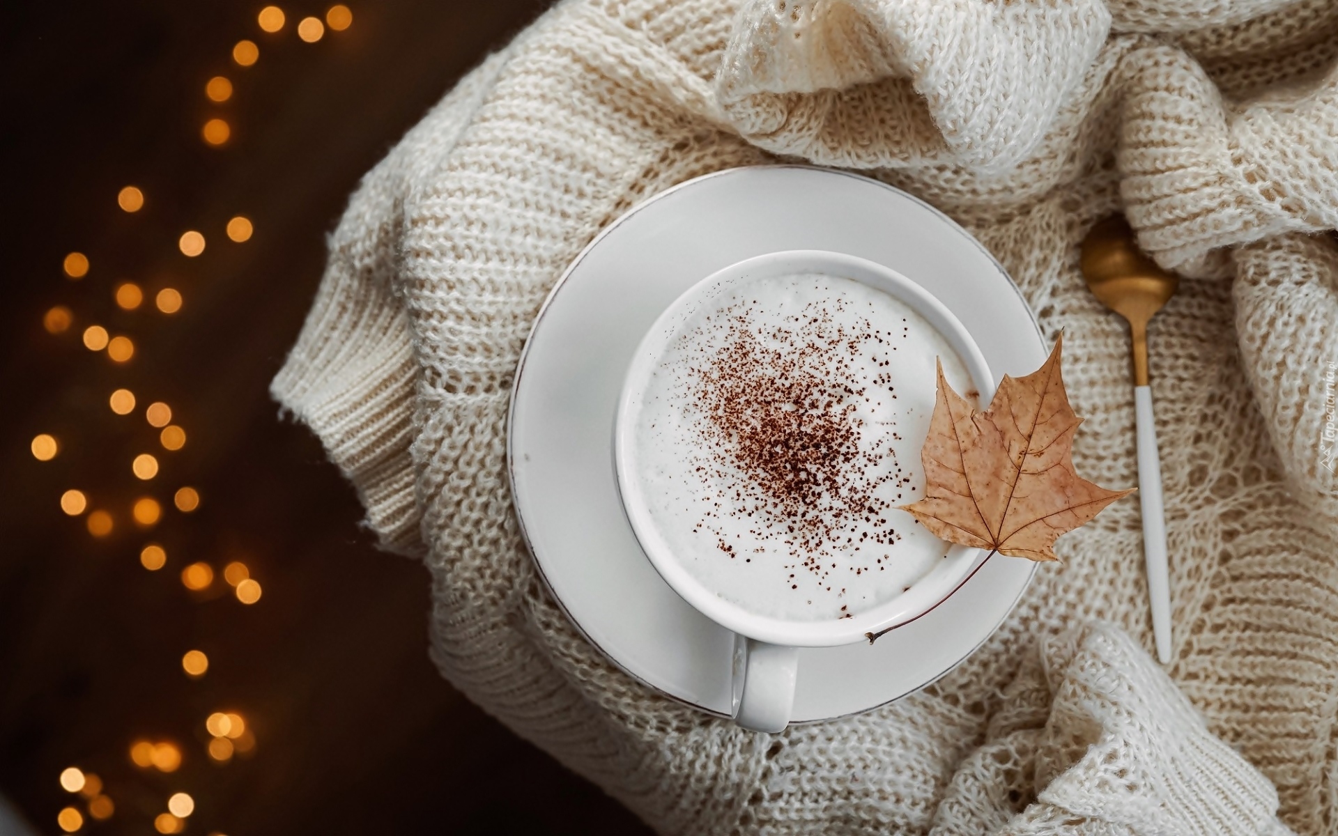 Filiżanka, Kawa, Cappuccino, Łyżeczka, Suchy, Klonowy, Liść, Sweter, Bokeh