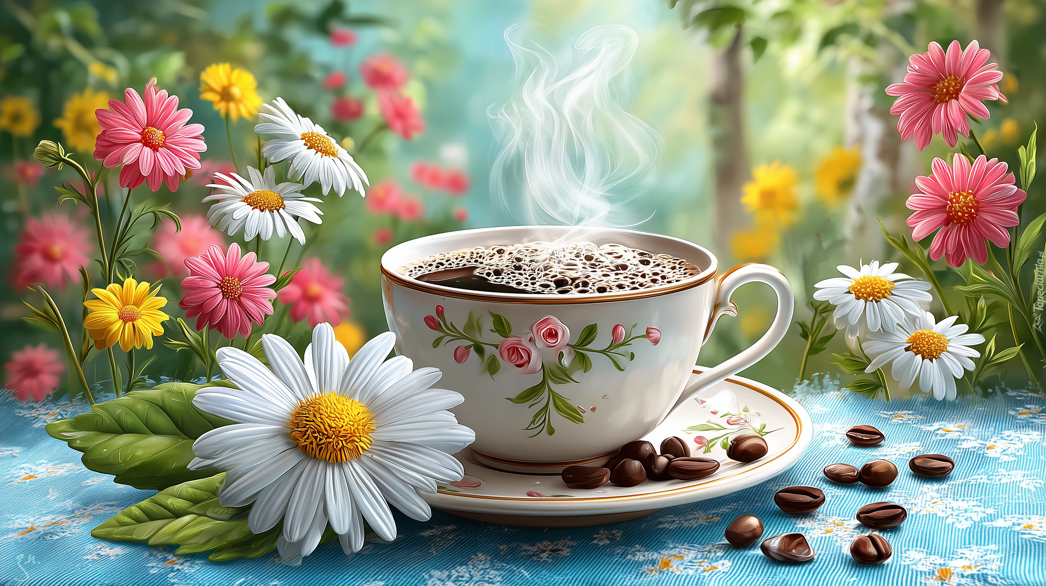Filiżanka, Kawa, Ziarna, Kwiaty, Grafika AI