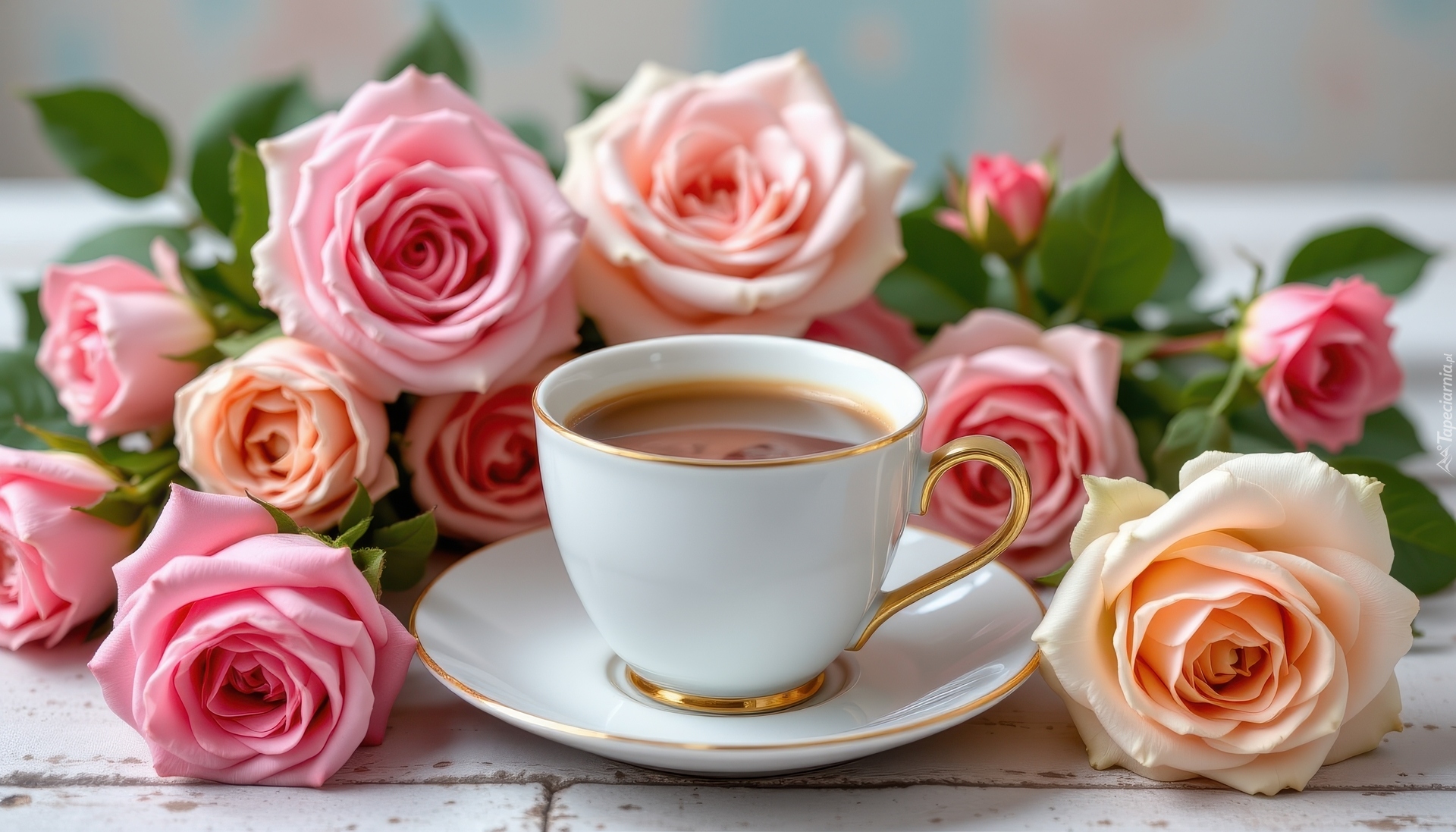 Kwiaty, Róże, Biała, Filiżanka, Kawa